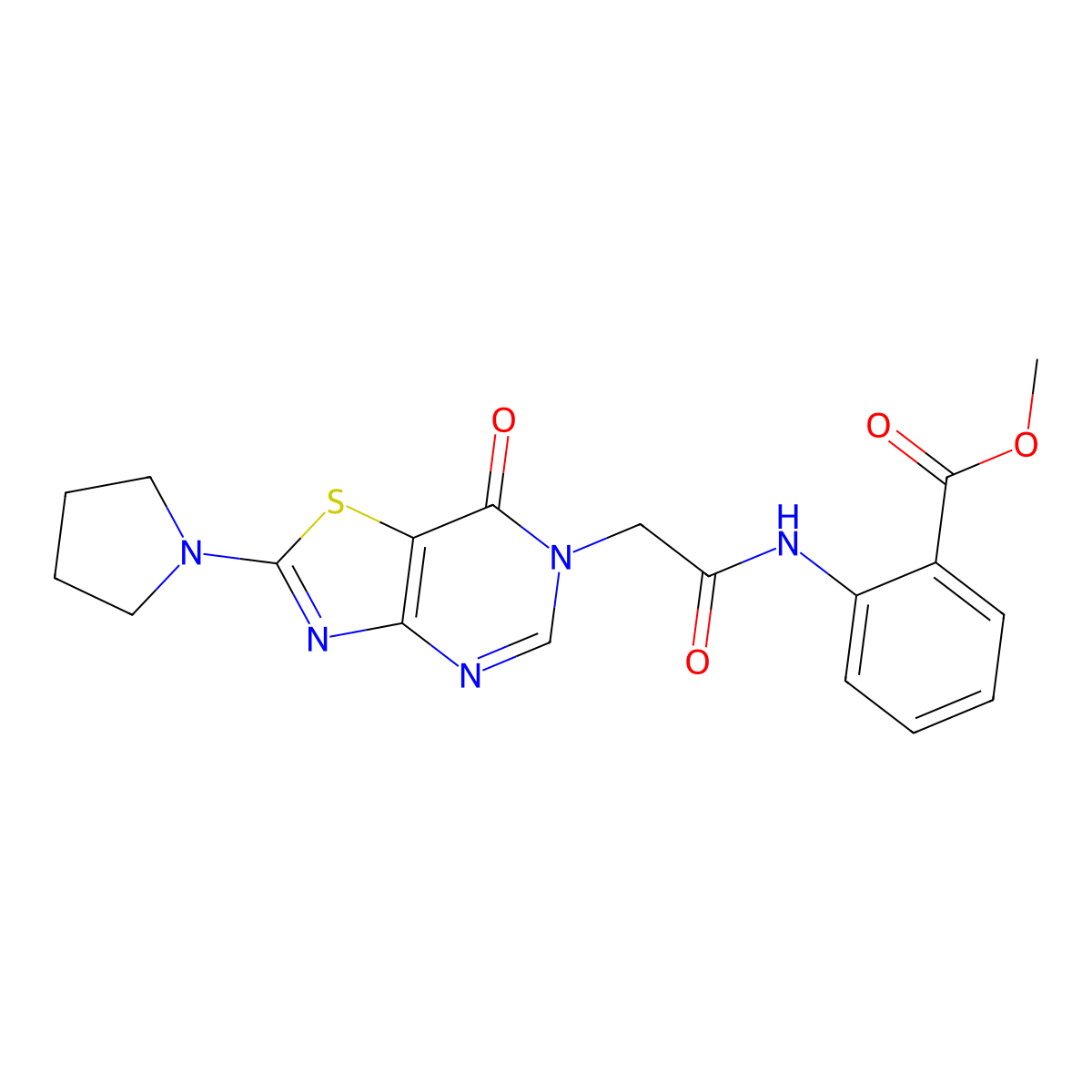 methyl 2-(2-(7-oxo-2-(pyrrolidin-1-yl)thiazolo[4,5-d]pyrimidin-6(7H)-yl)acetamido)benzoate molecular structure, CAS 1223937-60-7
