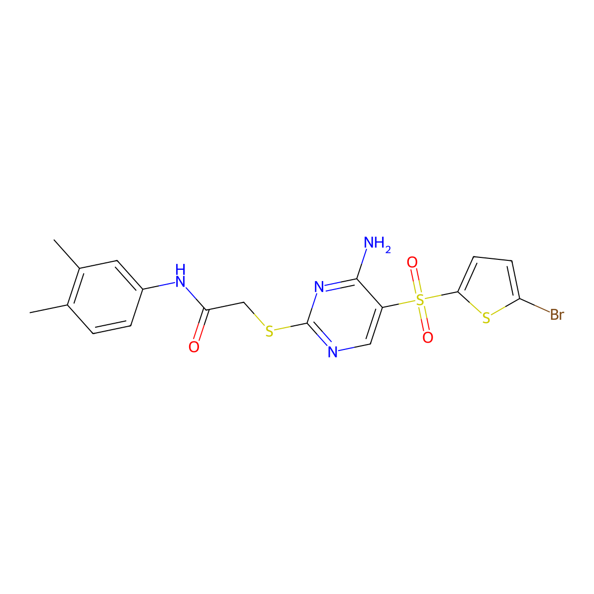 2-((4-amino-5-((5-bromothiophen-2-yl)sulfonyl)pyrimidin-2-yl)thio)-N-(3,4-dimethylphenyl)acetamide molecular structure, CAS 1223938-22-4