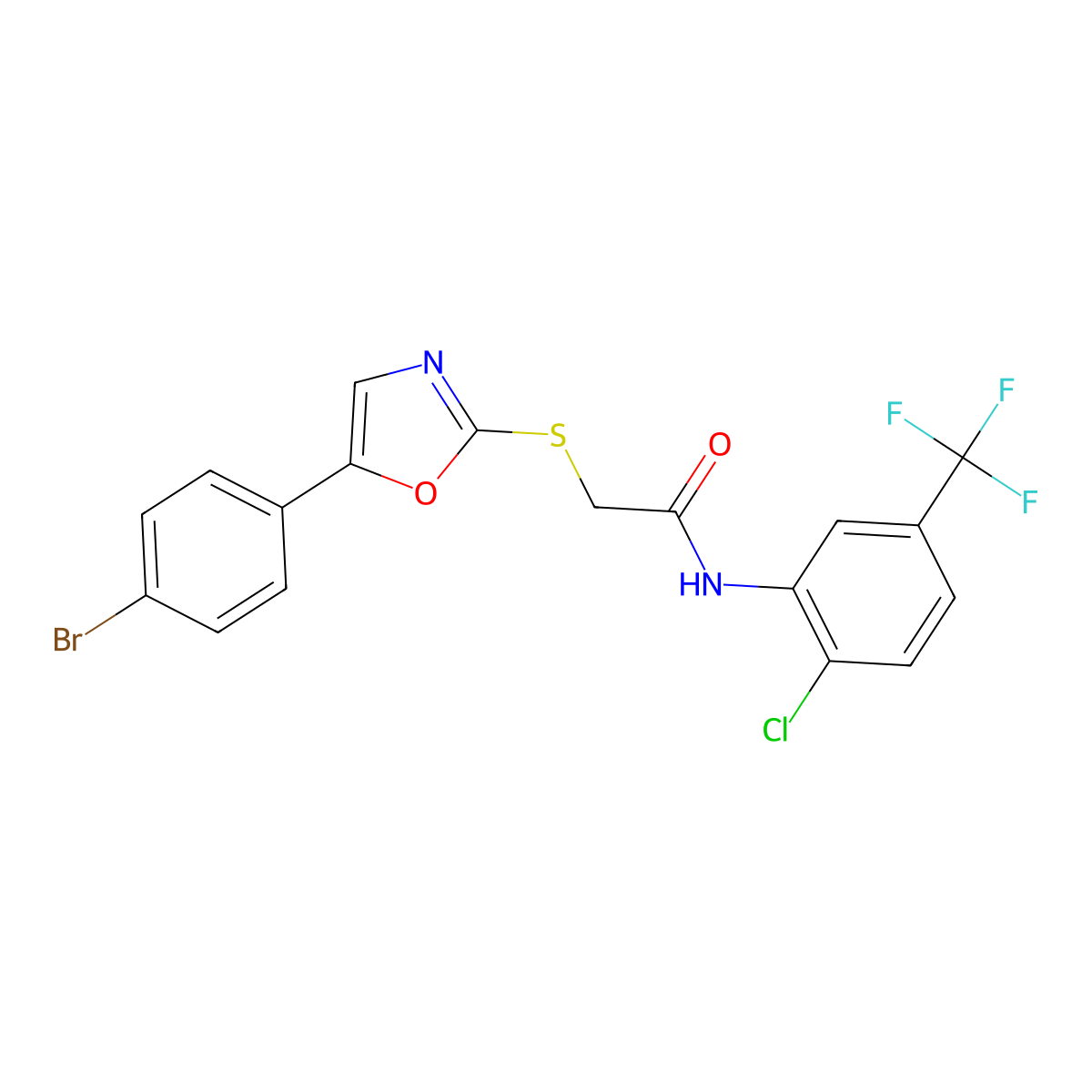 2-((5-(4-bromophenyl)oxazol-2-yl)thio)-N-(2-chloro-5-(trifluoromethyl)phenyl)acetamide molecular structure, CAS 1223939-77-2