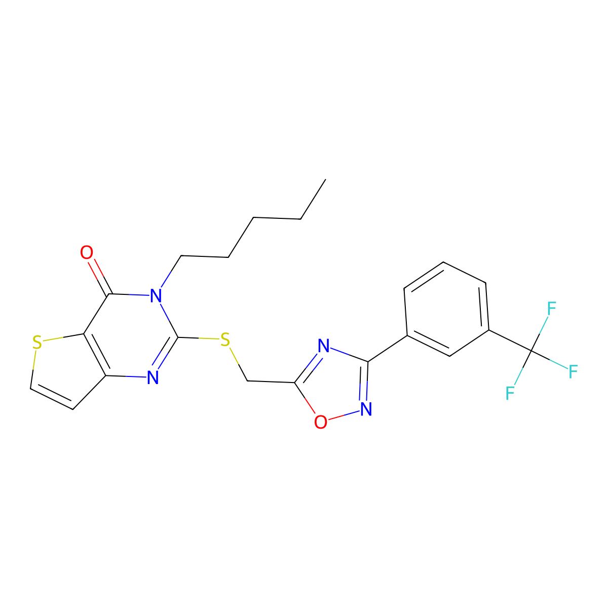 3-pentyl-2-(((3-(3-(trifluoromethyl)phenyl)-1,2,4-oxadiazol-5-yl)methyl)thio)thieno[3,2-d]pyrimidin-4(3H)-one molecular structure, CAS 1223940-20-2