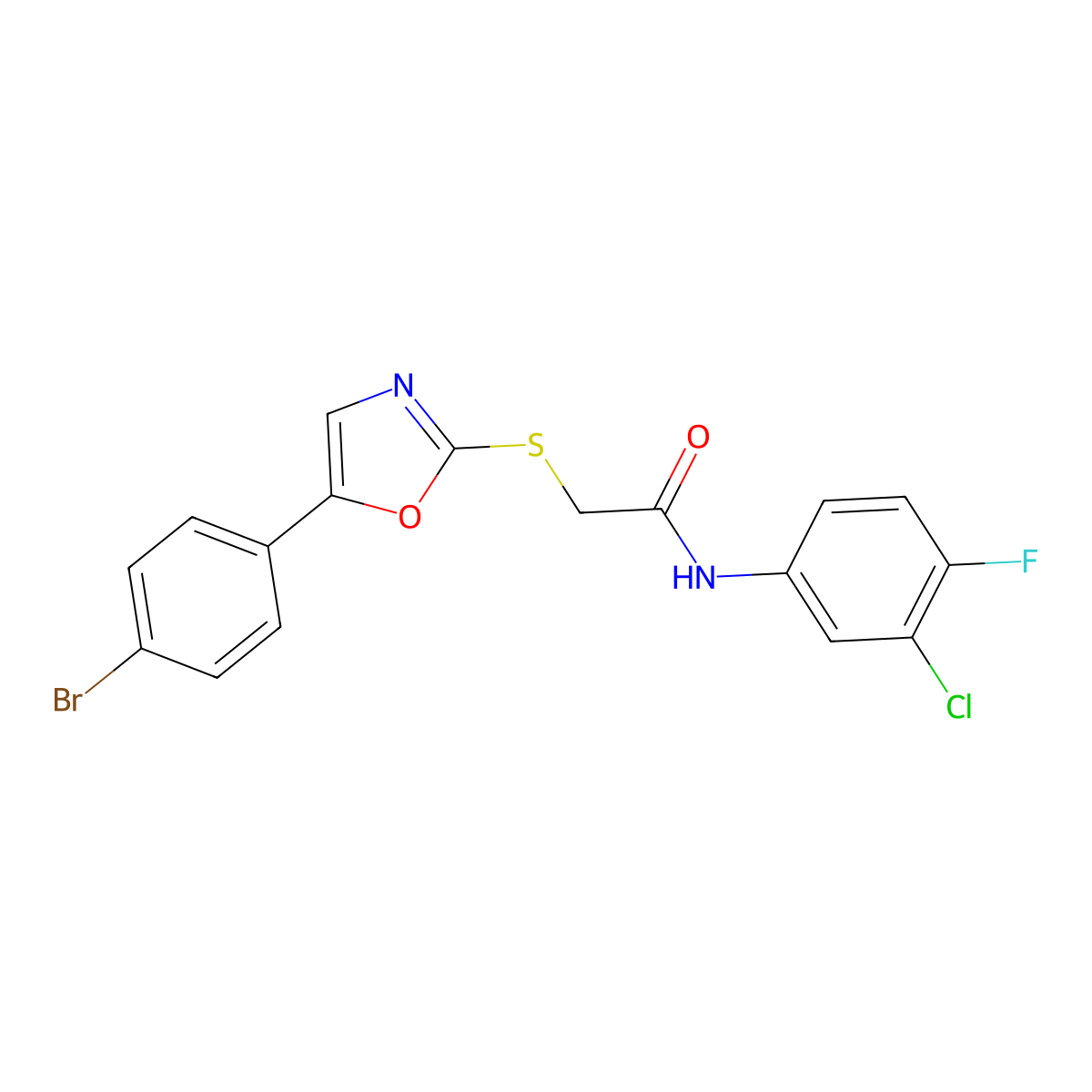 2-((5-(4-bromophenyl)oxazol-2-yl)thio)-N-(3-chloro-4-fluorophenyl)acetamide molecular structure, CAS 1223940-54-2
