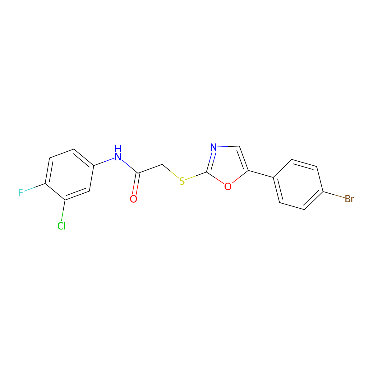 2-((5-(4-bromophenyl)oxazol-2-yl)thio)-N-(3-chloro-4-fluorophenyl)acetamide molecular structure, CAS 1223940-54-2