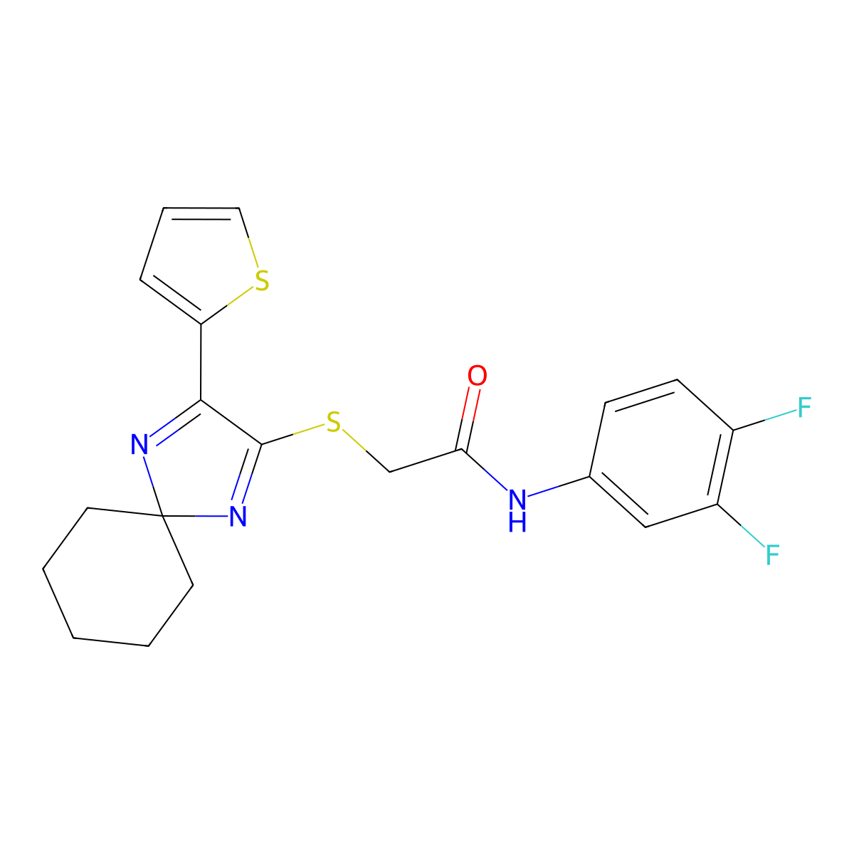 N-(3,4-difluorophenyl)-2-((3-(thiophen-2-yl)-1,4-diazaspiro[4.5]deca-1,3-dien-2-yl)thio)acetamide molecular structure, CAS 1223940-58-6