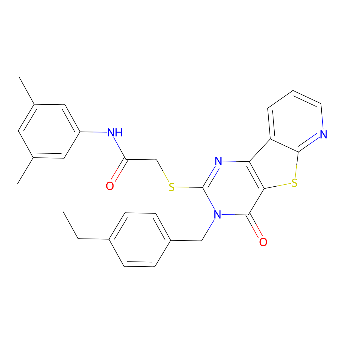N-(3,5-dimethylphenyl)-2-({5-[(4-ethylphenyl)methyl]-6-oxo-8-thia-3,5,10-triazatricyclo[7.4.0.0^{2,7}]trideca-1(9),2(7),3,10,12-pentaen-4-yl}sulfanyl)acetamide molecular structure, CAS 1223941-35-2