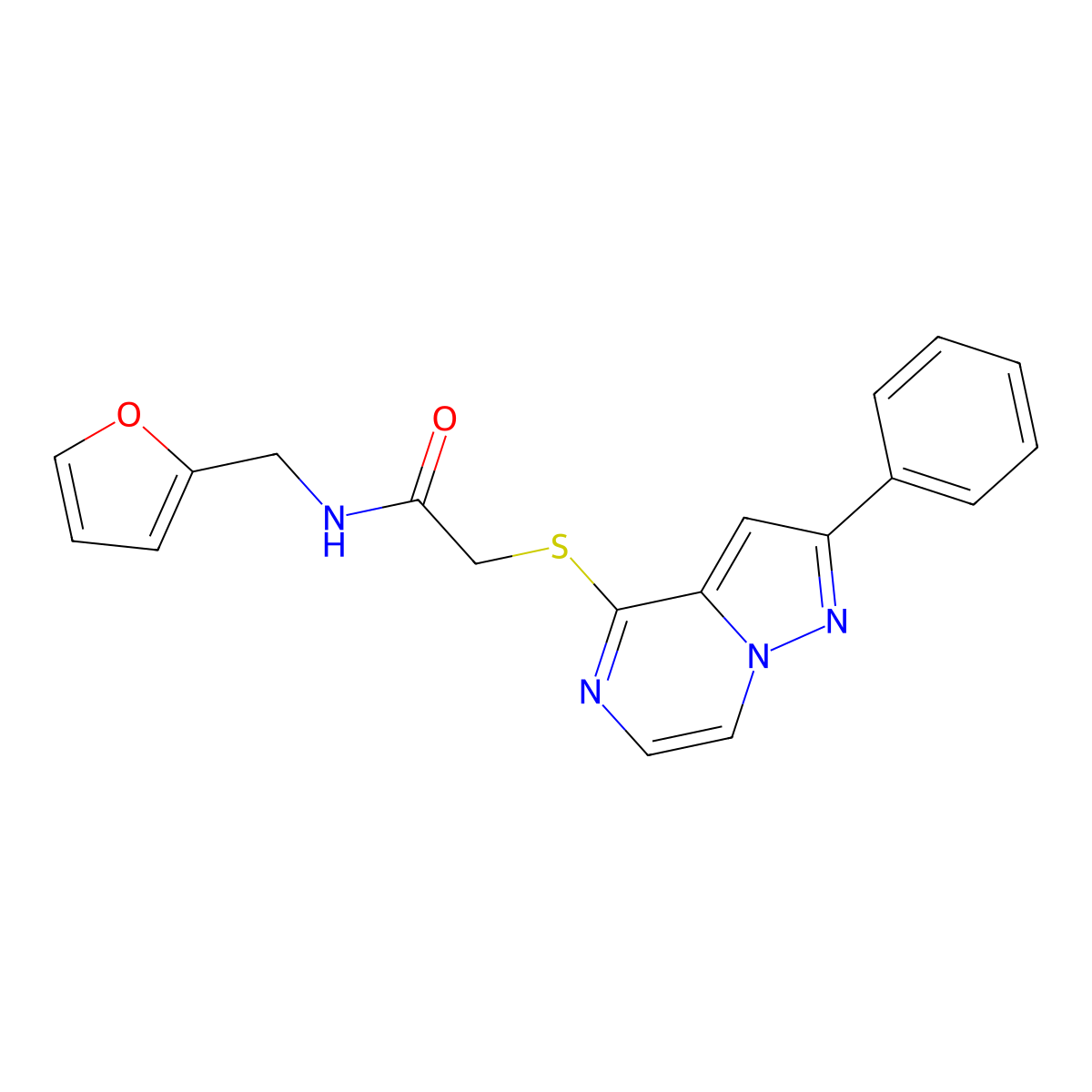 N-(2-furylmethyl)-2-[(2-phenylpyrazolo[1,5-a]pyrazin-4-yl)thio]acetamide molecular structure, CAS 1223943-10-9