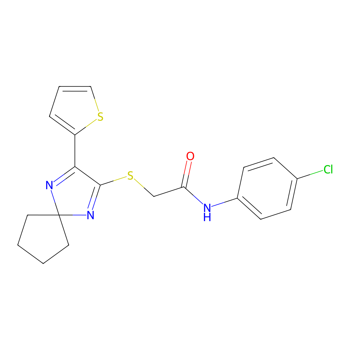 N-(4-chlorophenyl)-2-((3-(thiophen-2-yl)-1,4-diazaspiro[4.4]nona-1,3-dien-2-yl)thio)acetamide molecular structure, CAS 1223944-64-6