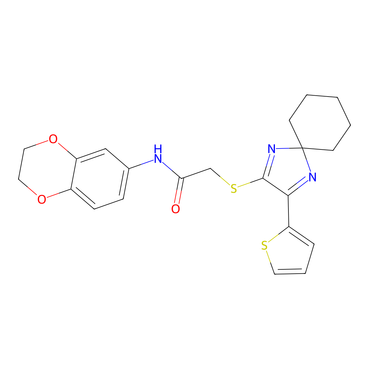 N-(2,3-dihydrobenzo[b][1,4]dioxin-6-yl)-2-((3-(thiophen-2-yl)-1,4-diazaspiro[4.5]deca-1,3-dien-2-yl)thio)acetamide molecular structure, CAS 1223944-95-3