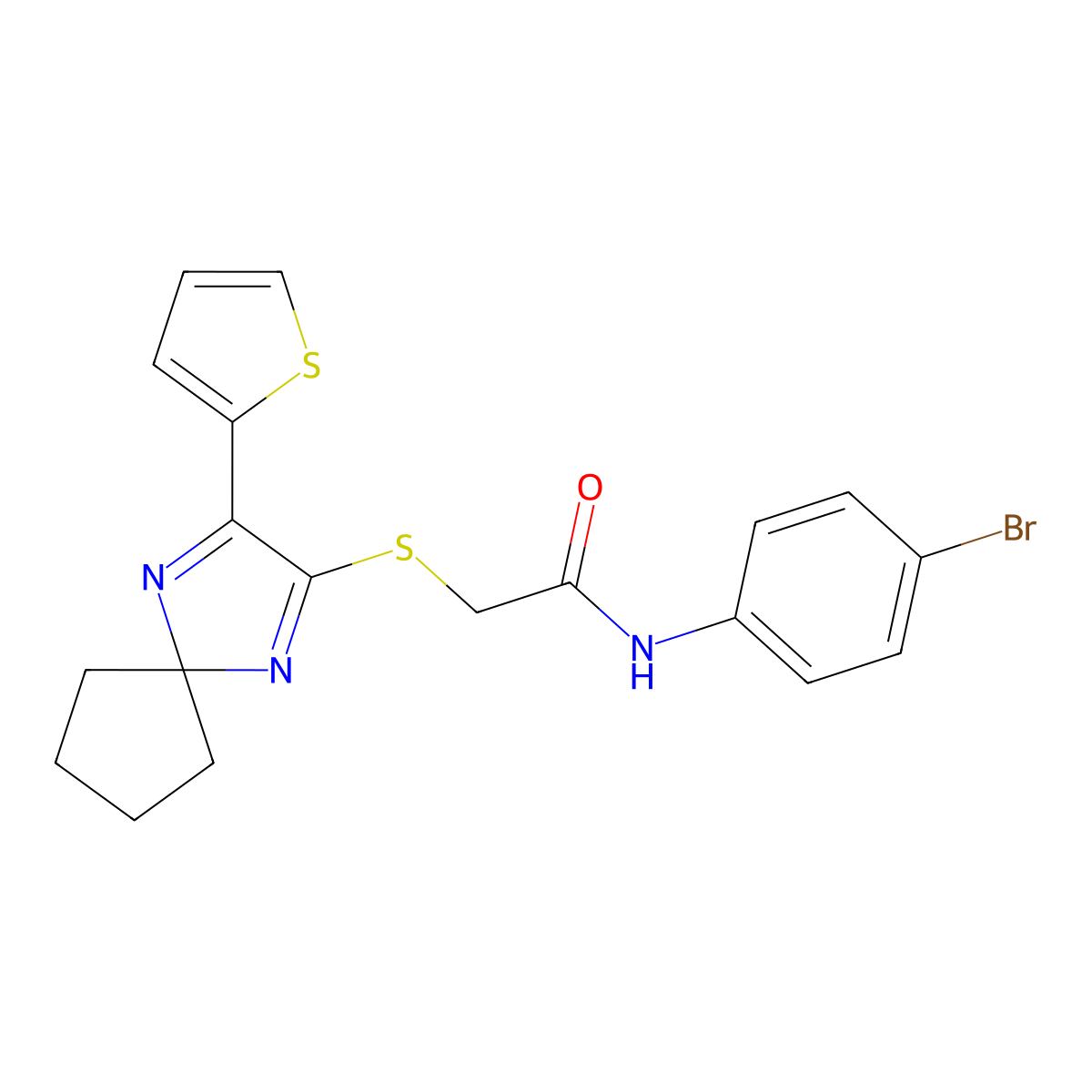 N-(4-bromophenyl)-2-{[3-(2-thienyl)-1,4-diazaspiro[4.4]nona-1,3-dien-2-yl]thio}acetamide molecular structure, CAS 1223945-52-5