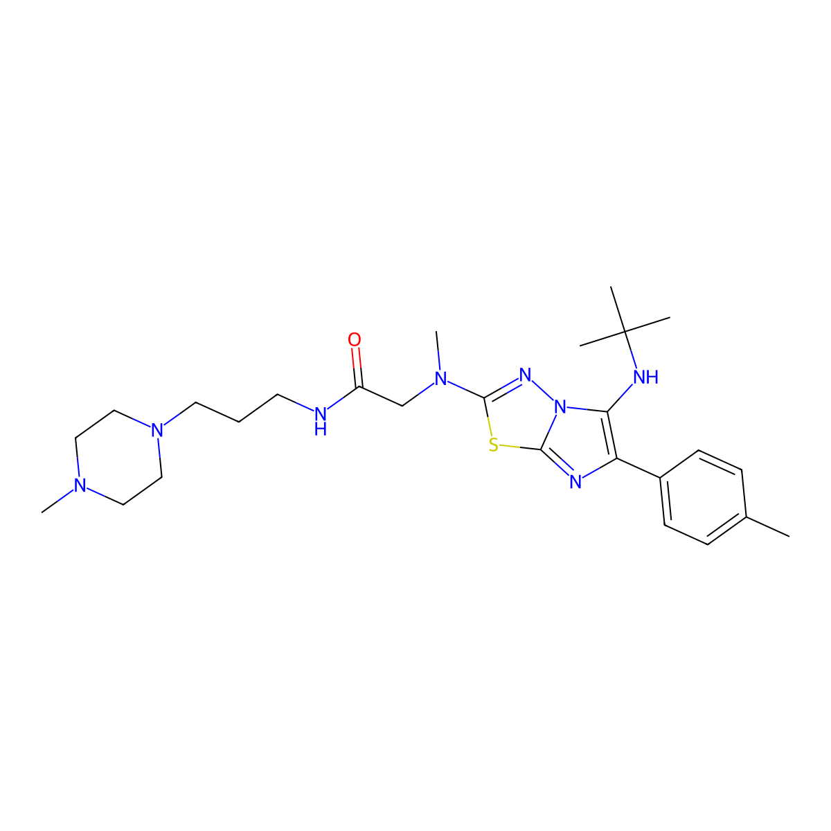 2-((5-(tert-Butylamino)-6-(p-tolyl)imidazo[2,1-b][1,3,4]thiadiazol-2-yl)(methyl)amino)-N-(3-(4-methylpiperazin-1-yl)propyl)acetamide molecular structure, CAS 1223946-81-3