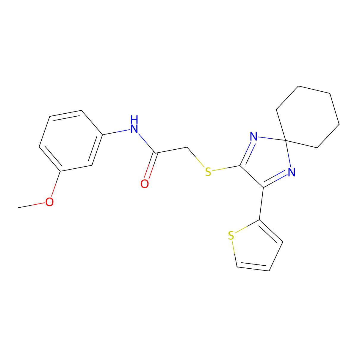 N-(3-methoxyphenyl)-2-((3-(thiophen-2-yl)-1,4-diazaspiro[4.5]deca-1,3-dien-2-yl)thio)acetamide molecular structure, CAS 1223947-44-1