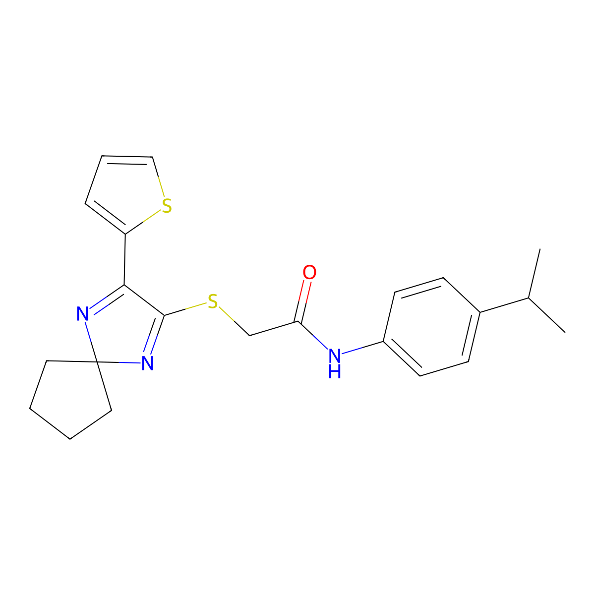 N-(4-isopropylphenyl)-2-((3-(thiophen-2-yl)-1,4-diazaspiro[4.4]nona-1,3-dien-2-yl)thio)acetamide molecular structure, CAS 1223947-83-8