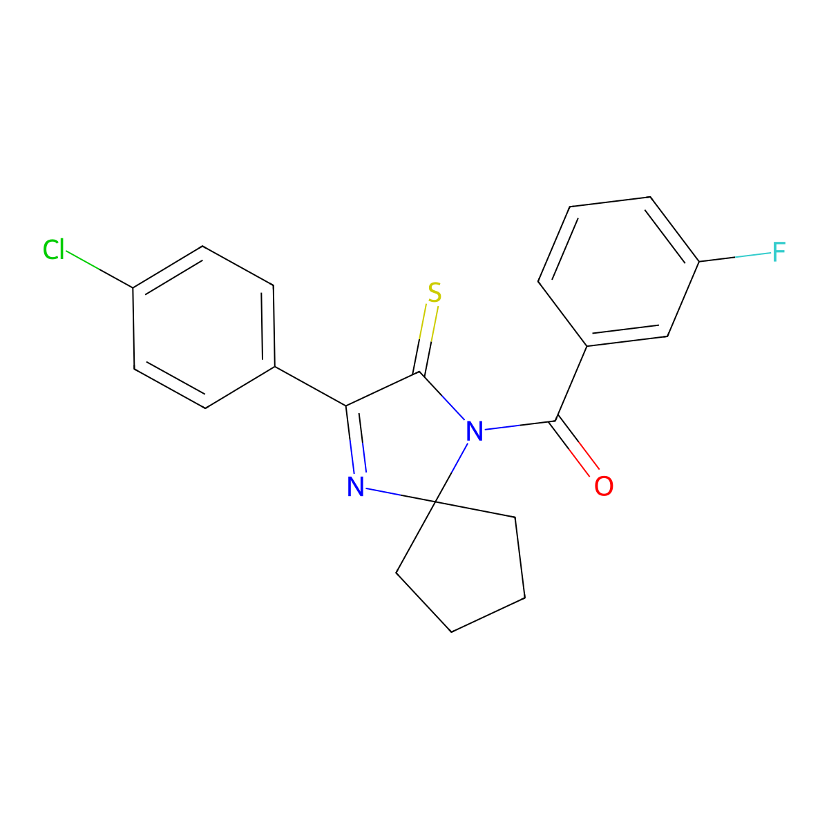 3-(4-Chlorophenyl)-1-(3-fluorobenzoyl)-1,4-diazaspiro[4.4]non-3-ene-2-thione molecular structure, CAS 1223947-99-6