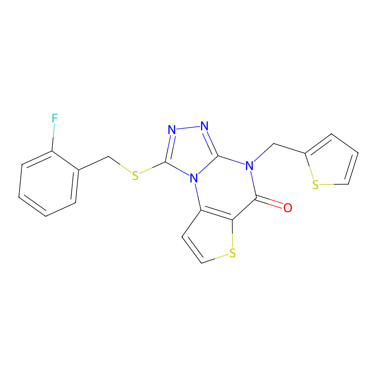 1-((2-fluorobenzyl)thio)-4-(thiophen-2-ylmethyl)thieno[2,3-e][1,2,4]triazolo[4,3-a]pyrimidin-5(4H)-one molecular structure, CAS 1223950-04-6