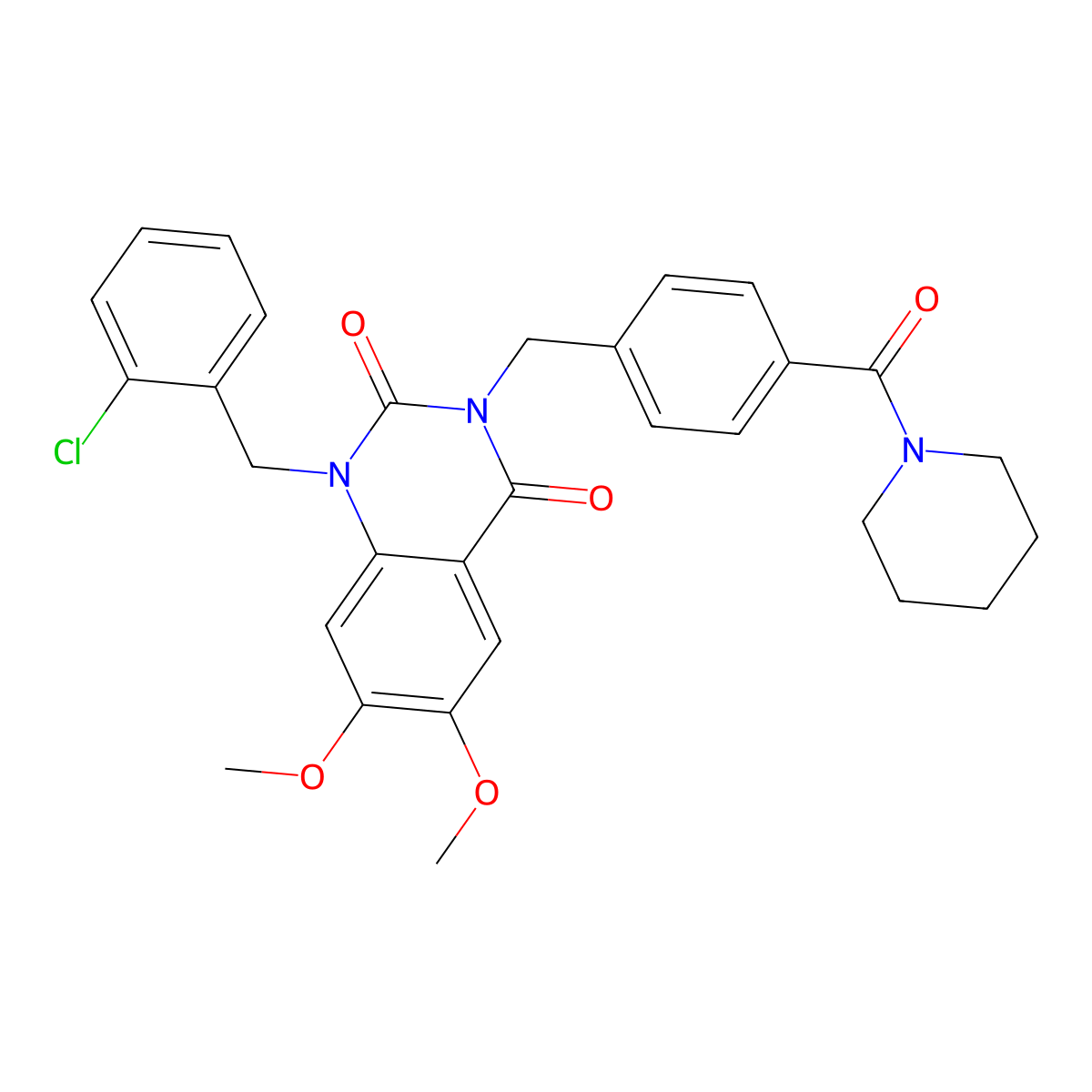 1-(2-chlorobenzyl)-6,7-dimethoxy-3-(4-(piperidine-1-carbonyl)benzyl)quinazoline-2,4(1H,3H)-dione molecular structure, CAS 1223950-50-2
