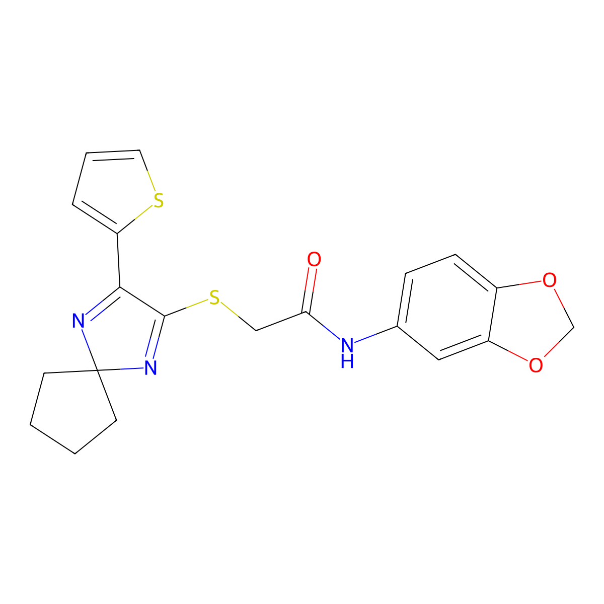 N-(2H-1,3-benzodioxol-5-yl)-2-{[3-(thiophen-2-yl)-1,4-diazaspiro[4.4]nona-1,3-dien-2-yl]sulfanyl}acetamide molecular structure, CAS 1223950-65-9