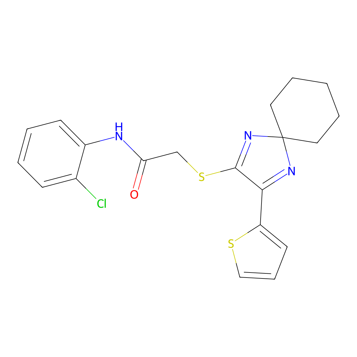 N-(2-chlorophenyl)-2-((3-(thiophen-2-yl)-1,4-diazaspiro[4.5]deca-1,3-dien-2-yl)thio)acetamide molecular structure, CAS 1223952-32-6