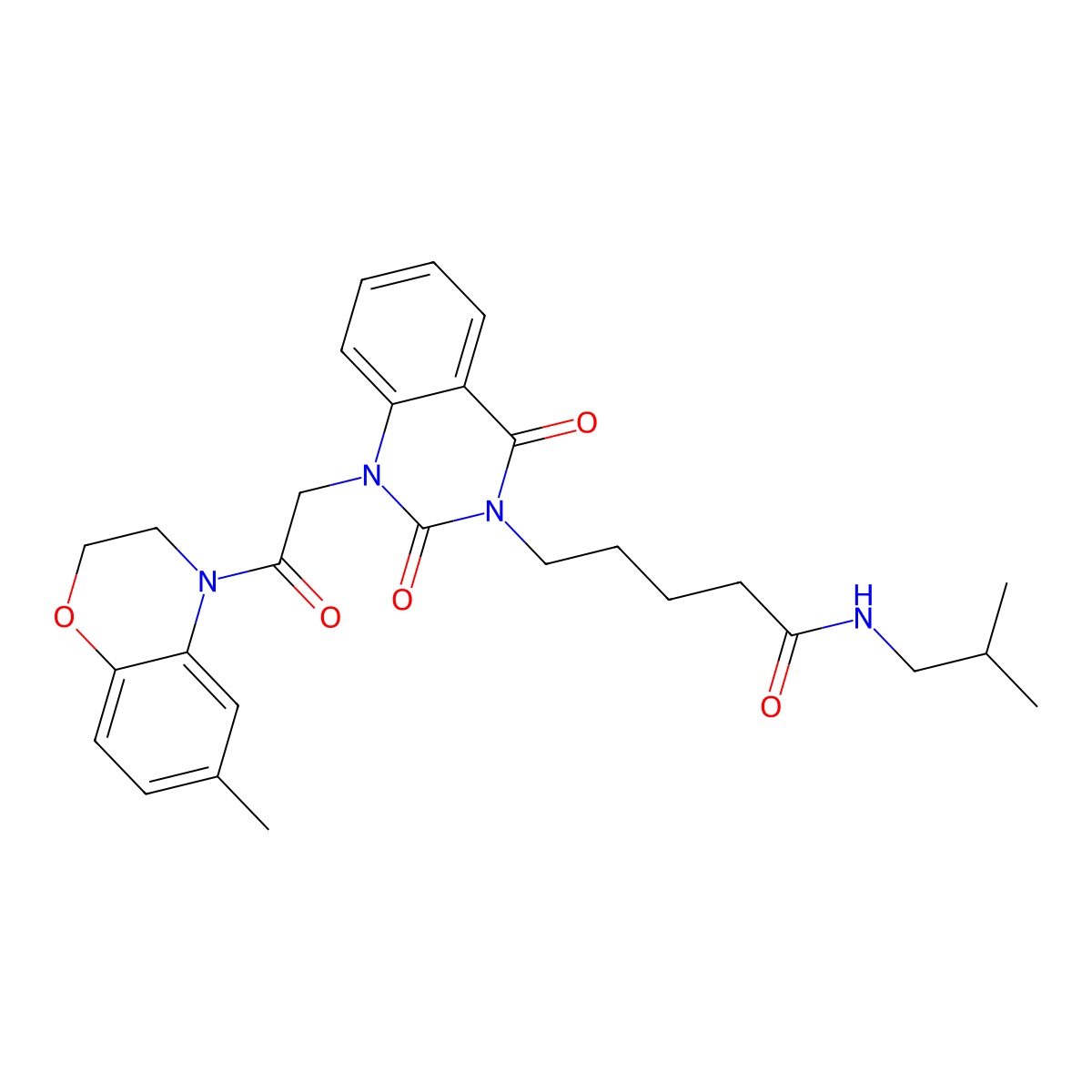 N-isobutyl-5-(1-(2-(6-methyl-2H-benzo[b][1,4]oxazin-4(3H)-yl)-2-oxoethyl)-2,4-dioxo-1,2-dihydroquinazolin-3(4H)-yl)pentanamide molecular structure, CAS 1223952-69-9