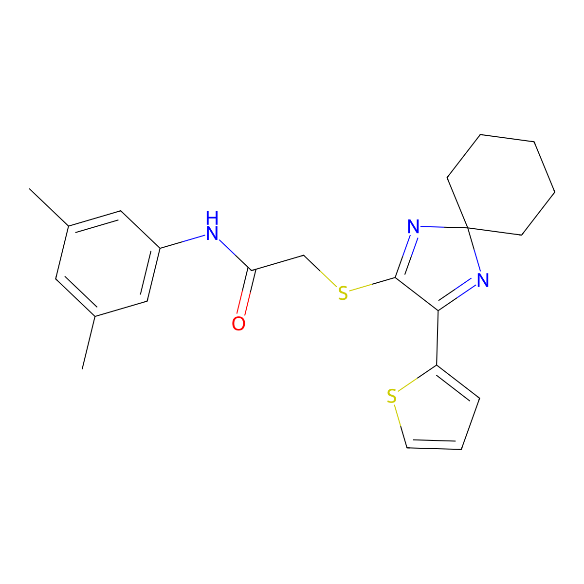 N-(3,5-dimethylphenyl)-2-{[3-(thiophen-2-yl)-1,4-diazaspiro[4.5]deca-1,3-dien-2-yl]sulfanyl}acetamide molecular structure, CAS 1223953-91-0