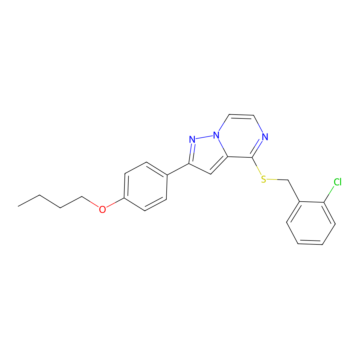 2-(4-Butoxyphenyl)-4-{[(2-chlorophenyl)methyl]sulfanyl}pyrazolo[1,5-A]pyrazine molecular structure, CAS 1223954-35-5