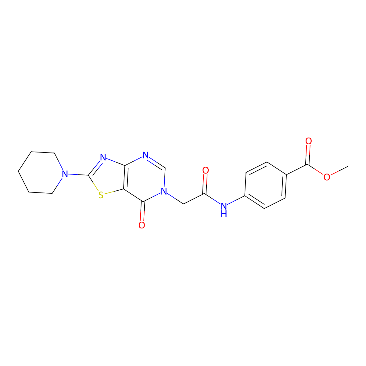 methyl 4-(2-(7-oxo-2-(piperidin-1-yl)thiazolo[4,5-d]pyrimidin-6(7H)-yl)acetamido)benzoate molecular structure, CAS 1223955-04-1