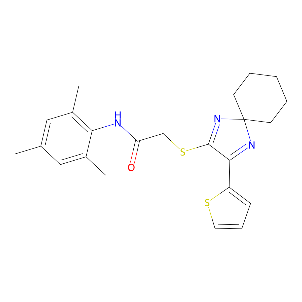 N-mesityl-2-((3-(thiophen-2-yl)-1,4-diazaspiro[4.5]deca-1,3-dien-2-yl)thio)acetamide molecular structure, CAS 1223955-06-3