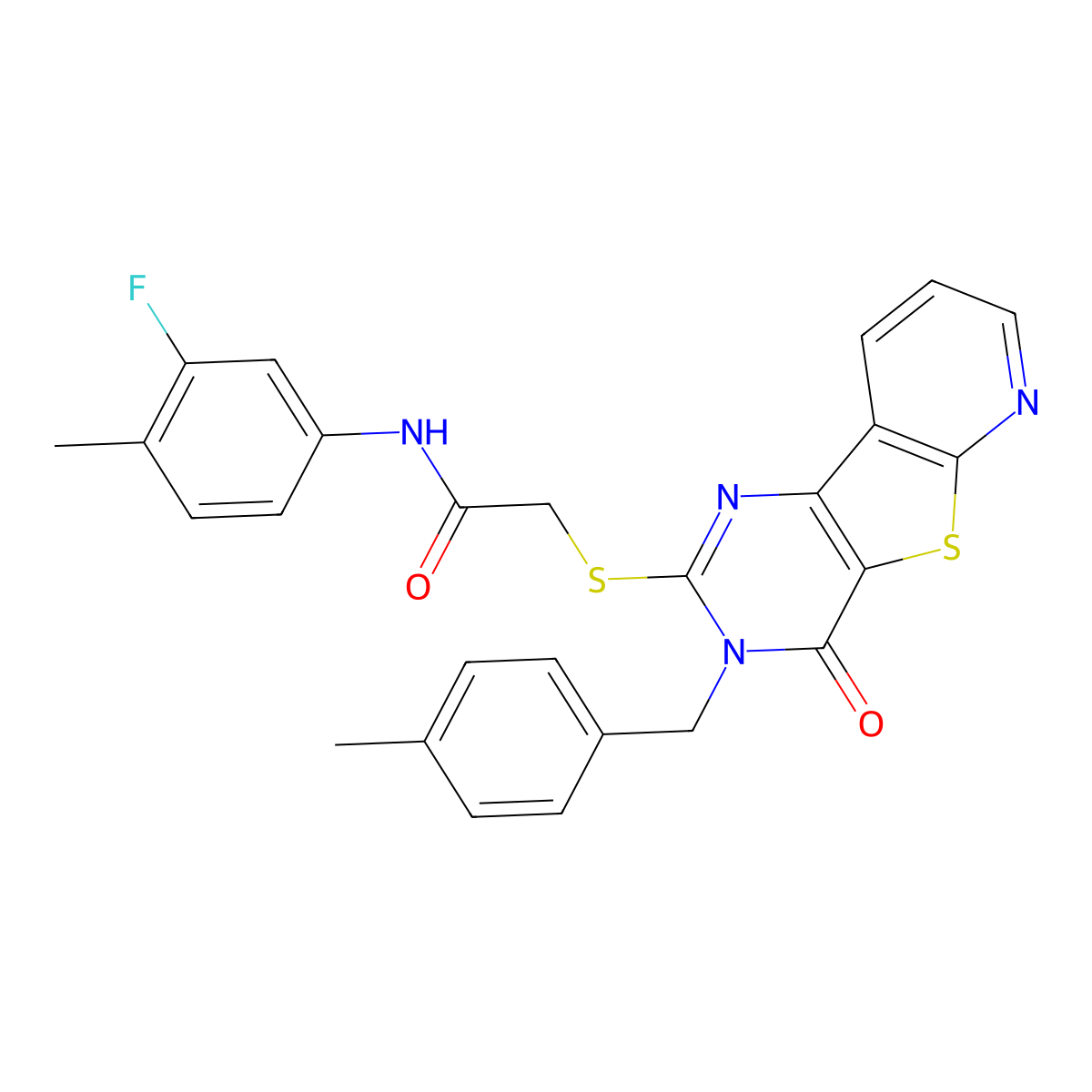 N-(3-fluoro-4-methylphenyl)-2-({5-[(4-methylphenyl)methyl]-6-oxo-8-thia-3,5,10-triazatricyclo[7.4.0.0^{2,7}]trideca-1(9),2(7),3,10,12-pentaen-4-yl}sulfanyl)acetamide molecular structure, CAS 1223957-61-6
