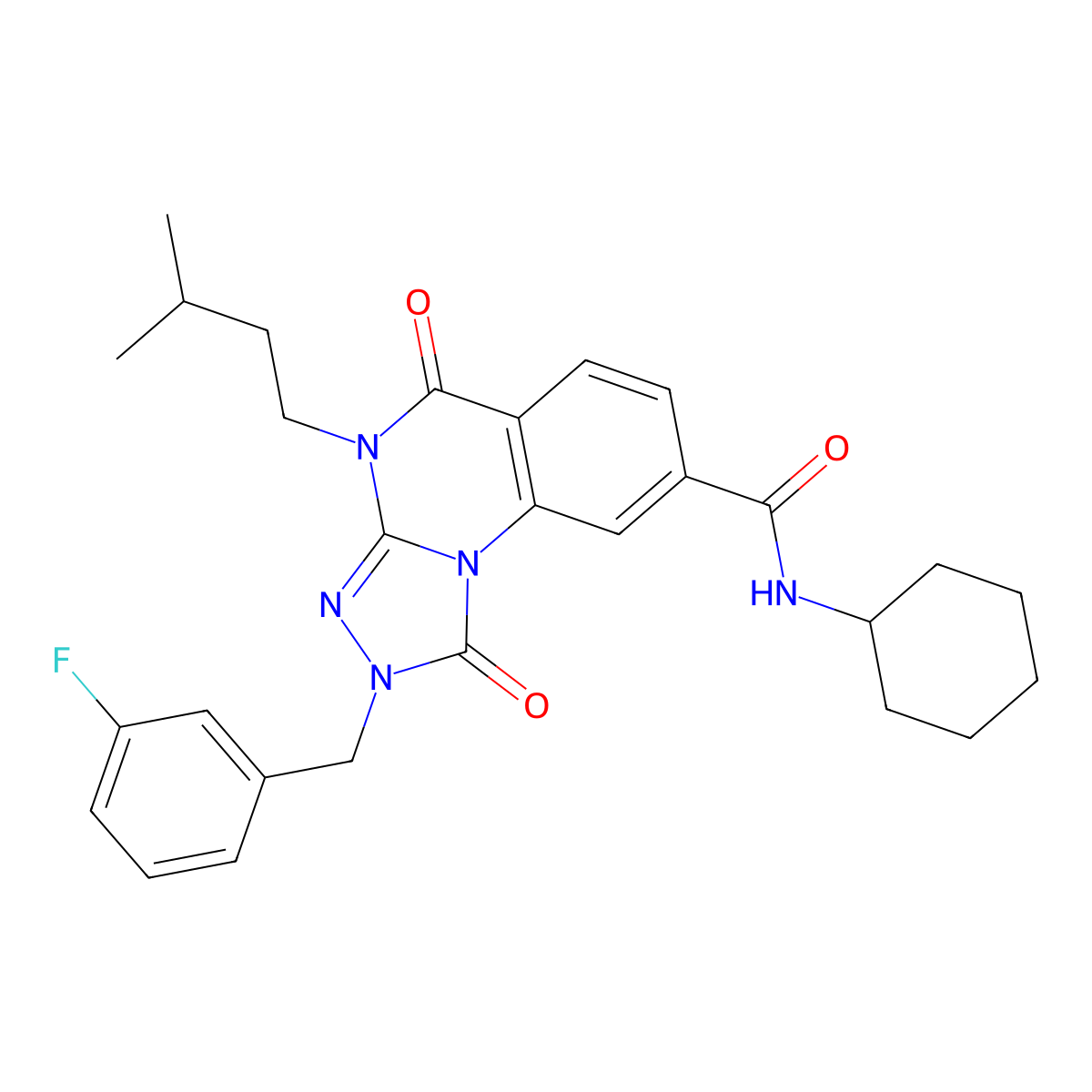 N-cyclohexyl-2-(3-fluorobenzyl)-4-(3-methylbutyl)-1,5-dioxo-1,2,4,5-tetrahydro[1,2,4]triazolo[4,3-a]quinazoline-8-carboxamide molecular structure, CAS 1223957-89-8