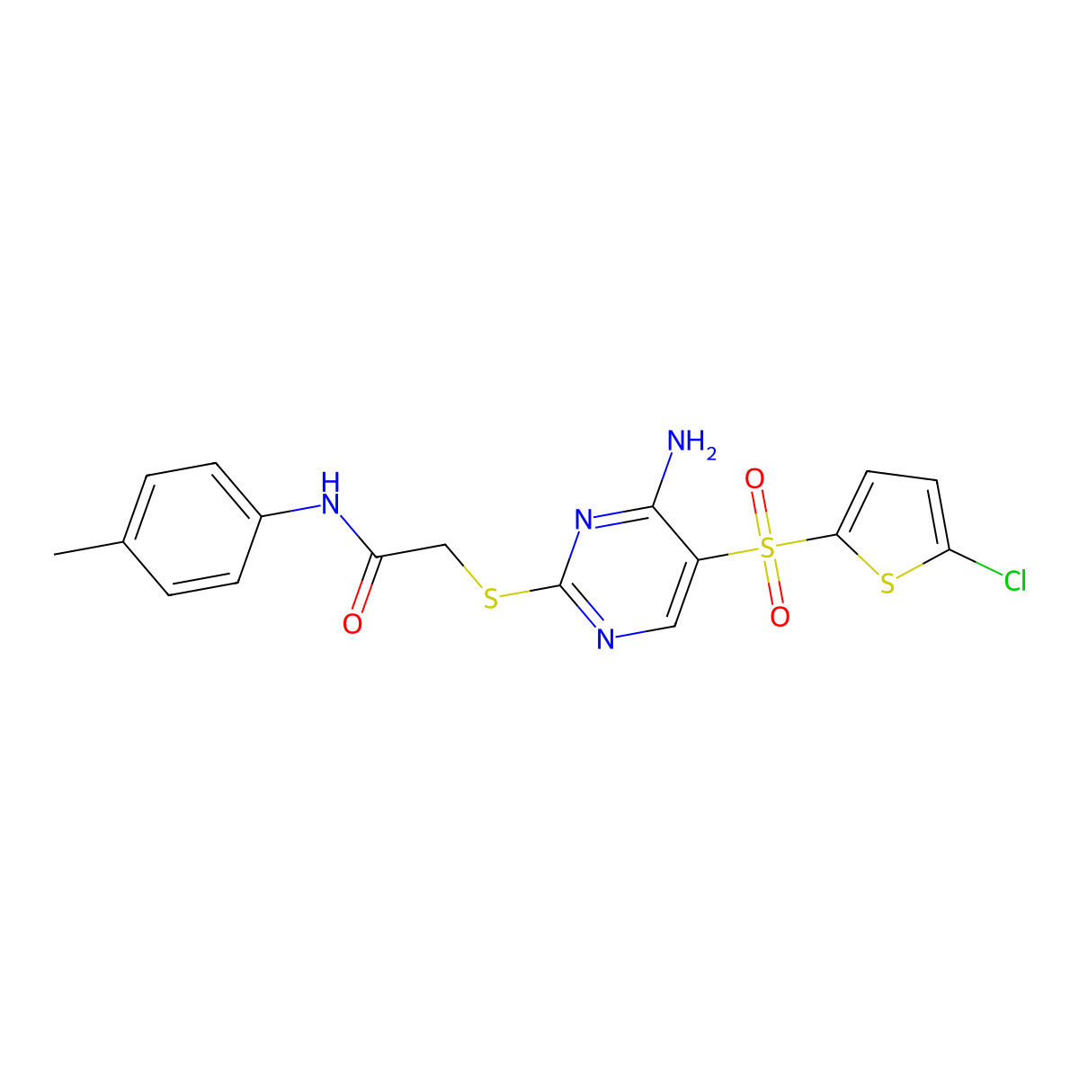2-((4-amino-5-((5-chlorothiophen-2-yl)sulfonyl)pyrimidin-2-yl)thio)-N-(p-tolyl)acetamide molecular structure, CAS 1223958-09-5