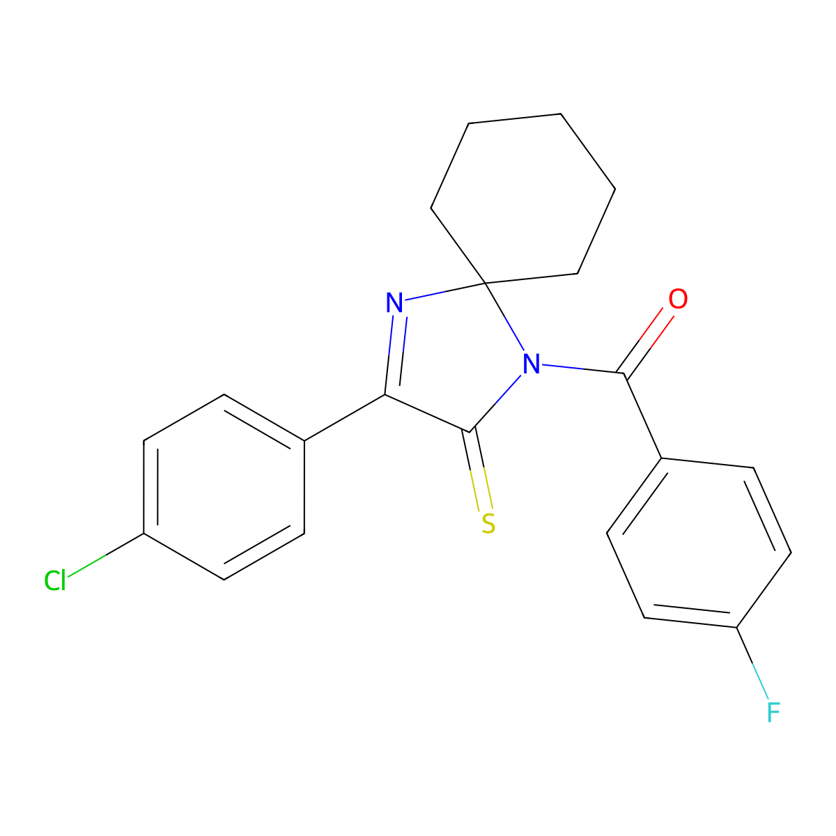 3-(4-Chlorophenyl)-1-(4-fluorobenzoyl)-1,4-diazaspiro[4.5]dec-3-ene-2-thione molecular structure, CAS 1223959-81-6