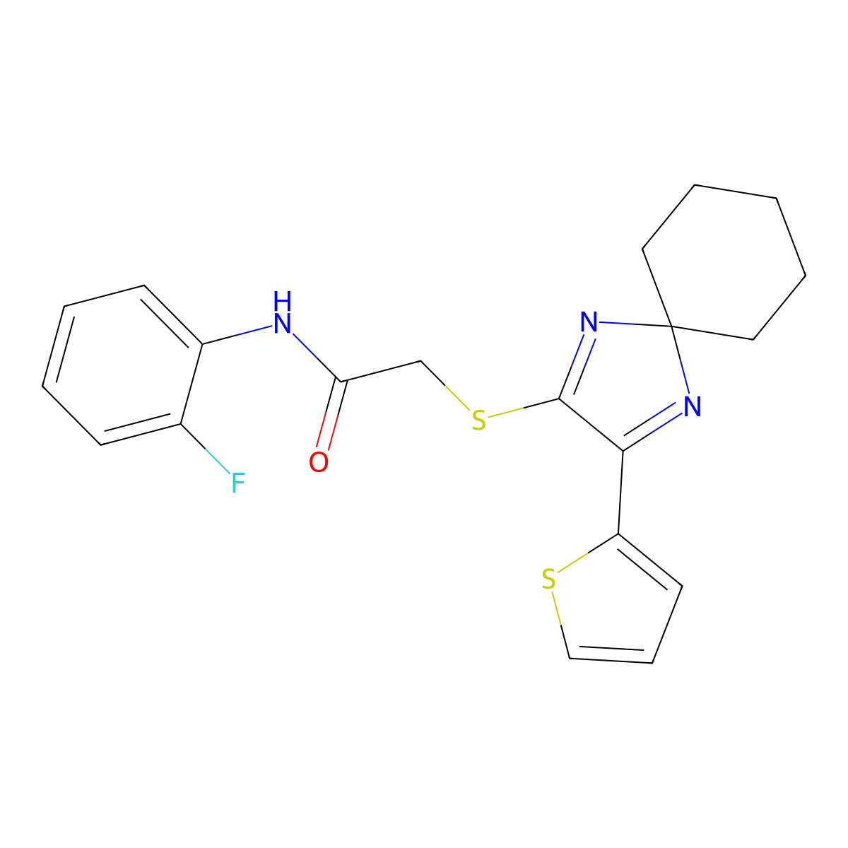 N-(2-fluorophenyl)-2-((3-(thiophen-2-yl)-1,4-diazaspiro[4.5]deca-1,3-dien-2-yl)thio)acetamide molecular structure, CAS 1223959-89-4
