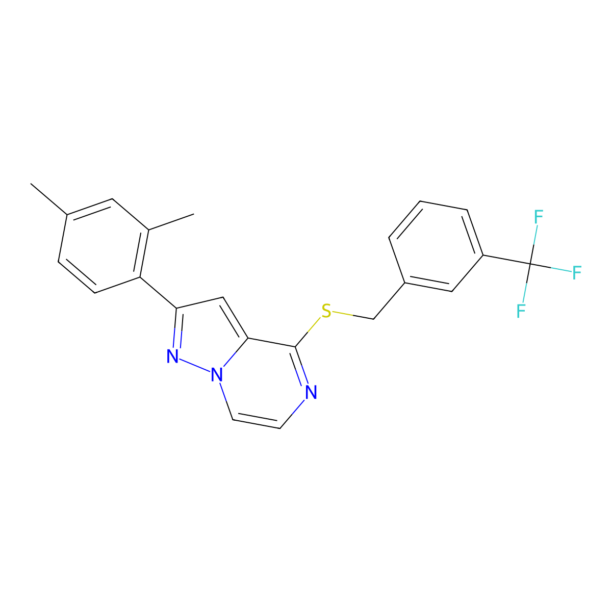 2-(2,4-Dimethylphenyl)-4-{[3-(trifluoromethyl)benzyl]thio}pyrazolo[1,5-a]pyrazine molecular structure, CAS 1223960-48-2