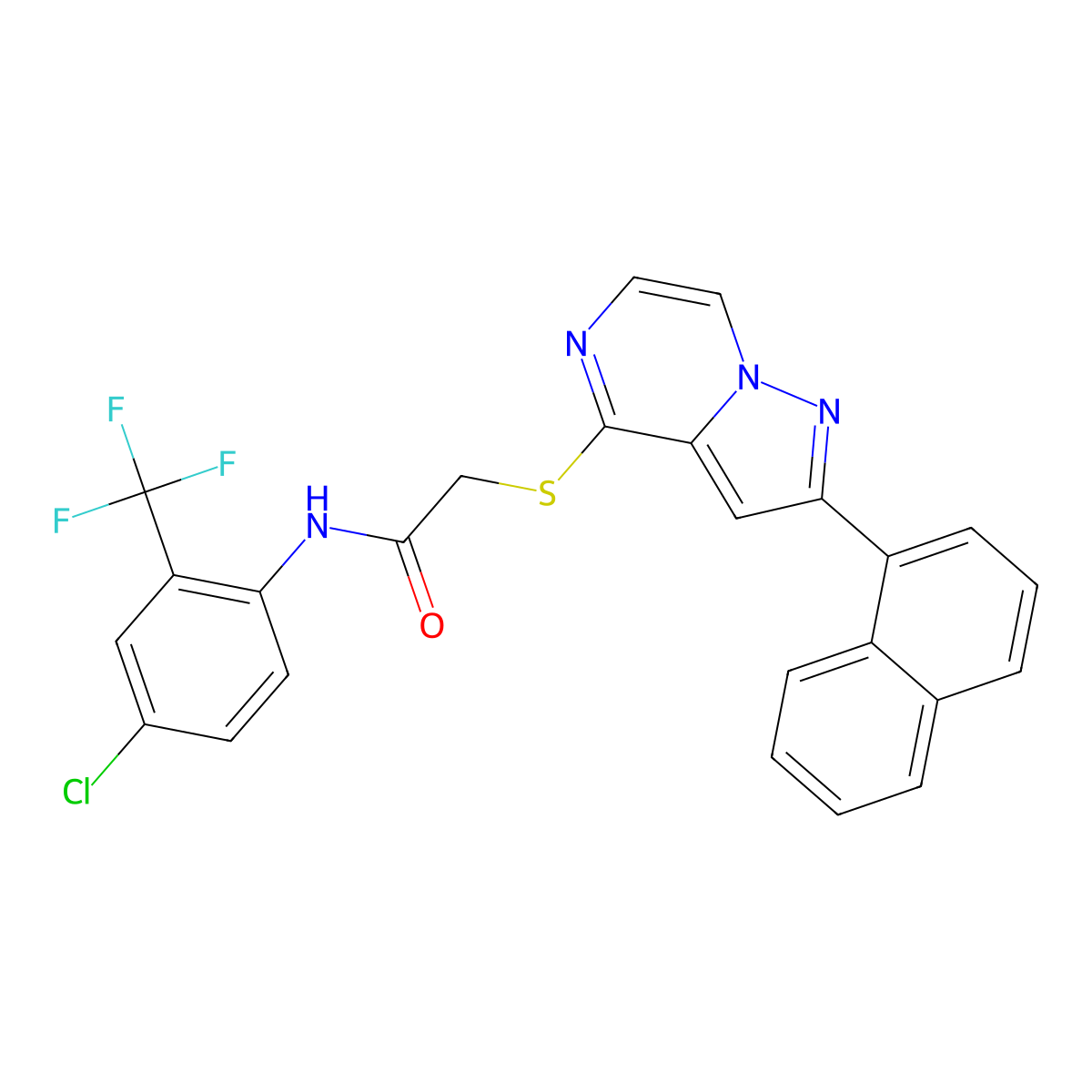 N-[4-Chloro-2-(trifluoromethyl)phenyl]-2-{[2-(naphthalen-1-YL)pyrazolo[1,5-A]pyrazin-4-YL]sulfanyl}acetamide molecular structure, CAS 1223960-72-2