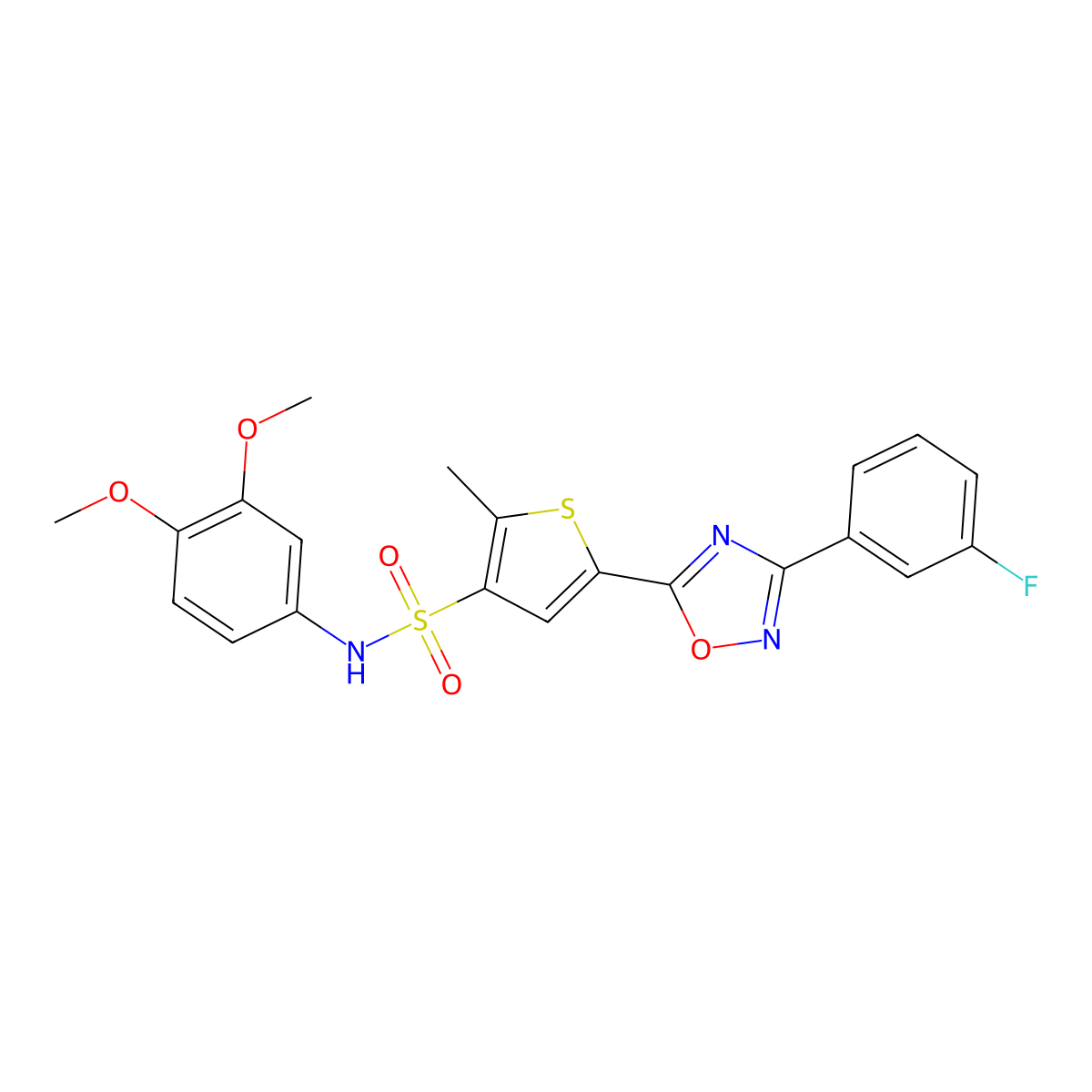 N-(3,4-dimethoxyphenyl)-5-[3-(3-fluorophenyl)-1,2,4-oxadiazol-5-yl]-2-methylthiophene-3-sulfonamide molecular structure, CAS 1223961-68-9