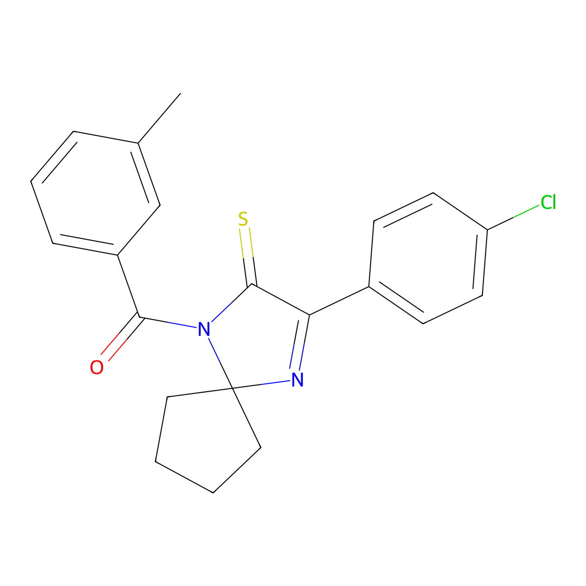 3-(4-Chlorophenyl)-1-(3-methylbenzoyl)-1,4-diazaspiro[4.4]non-3-ene-2-thione molecular structure, CAS 1223964-04-2