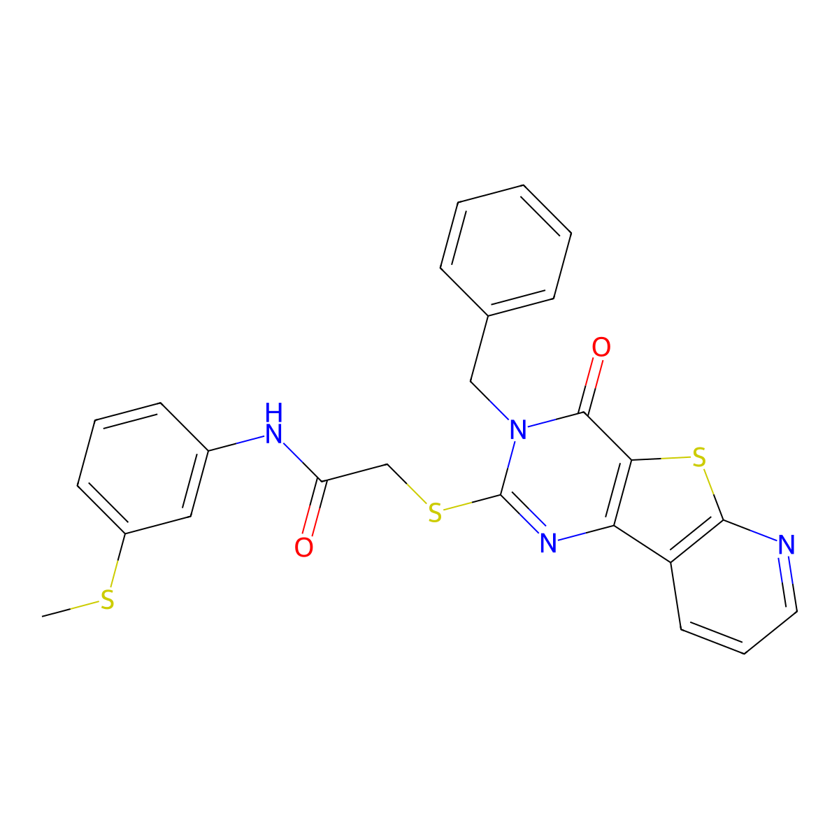 2-({5-benzyl-6-oxo-8-thia-3,5,10-triazatricyclo[7.4.0.0^{2,7}]trideca-1(9),2(7),3,10,12-pentaen-4-yl}sulfanyl)-N-[3-(methylsulfanyl)phenyl]acetamide molecular structure, CAS 1223965-72-7