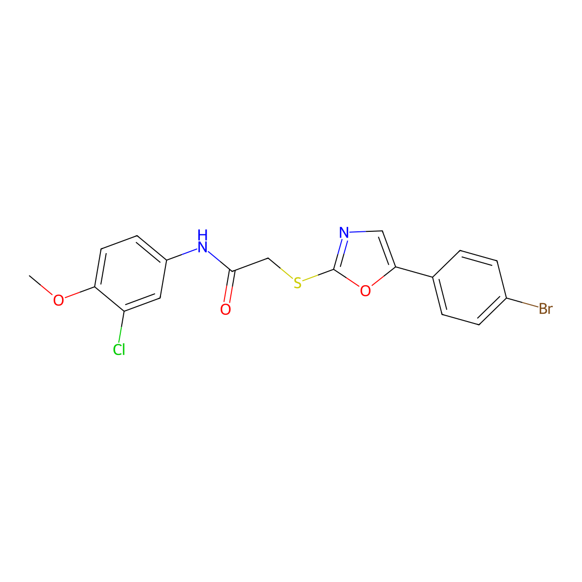 2-((5-(4-bromophenyl)oxazol-2-yl)thio)-N-(3-chloro-4-methoxyphenyl)acetamide molecular structure, CAS 1223965-77-2