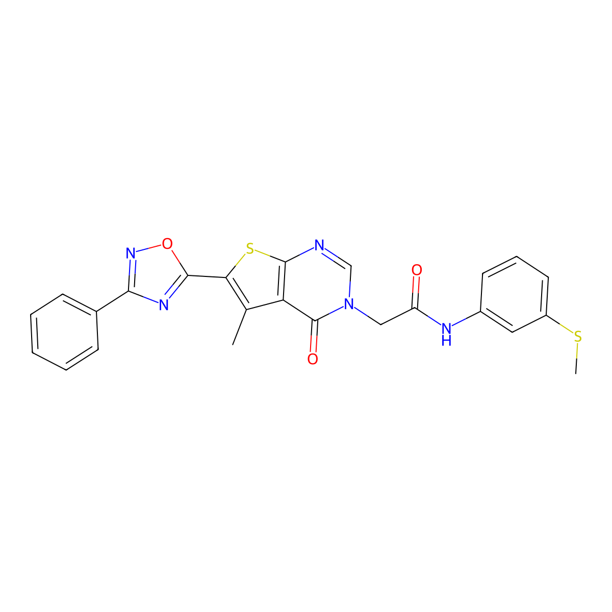 2-(5-methyl-4-oxo-6-(3-phenyl-1,2,4-oxadiazol-5-yl)thieno[2,3-d]pyrimidin-3(4H)-yl)-N-(3-(methylthio)phenyl)acetamide molecular structure, CAS 1223965-78-3
