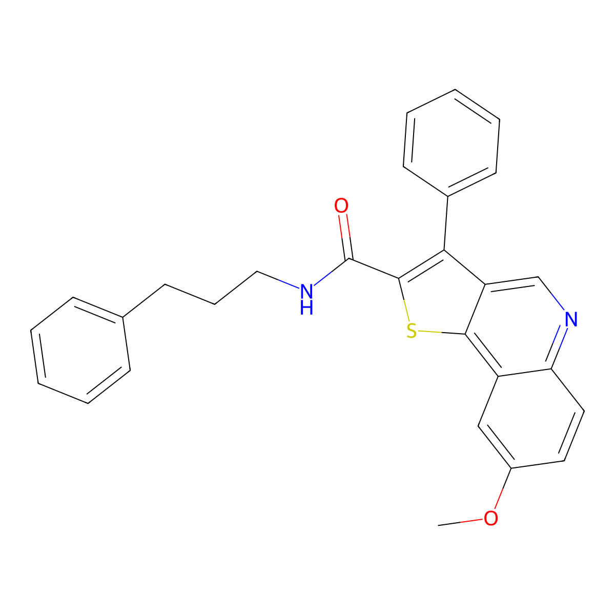 8-methoxy-3-phenyl-N-(3-phenylpropyl)thieno[3,2-c]quinoline-2-carboxamide molecular structure, CAS 1223967-13-2