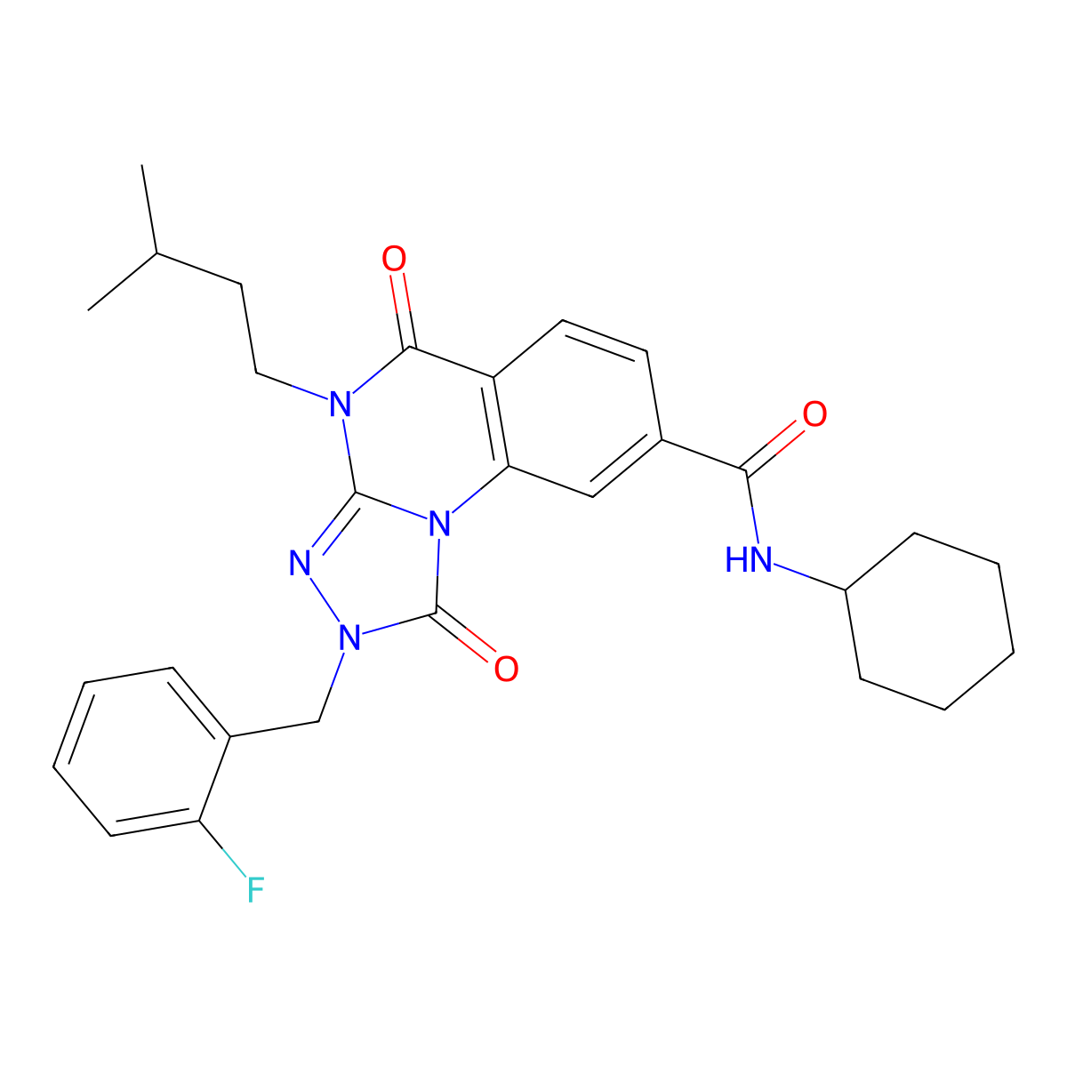 N-cyclohexyl-2-(2-fluorobenzyl)-4-(3-methylbutyl)-1,5-dioxo-1,2,4,5-tetrahydro[1,2,4]triazolo[4,3-a]quinazoline-8-carboxamide molecular structure, CAS 1223969-30-9