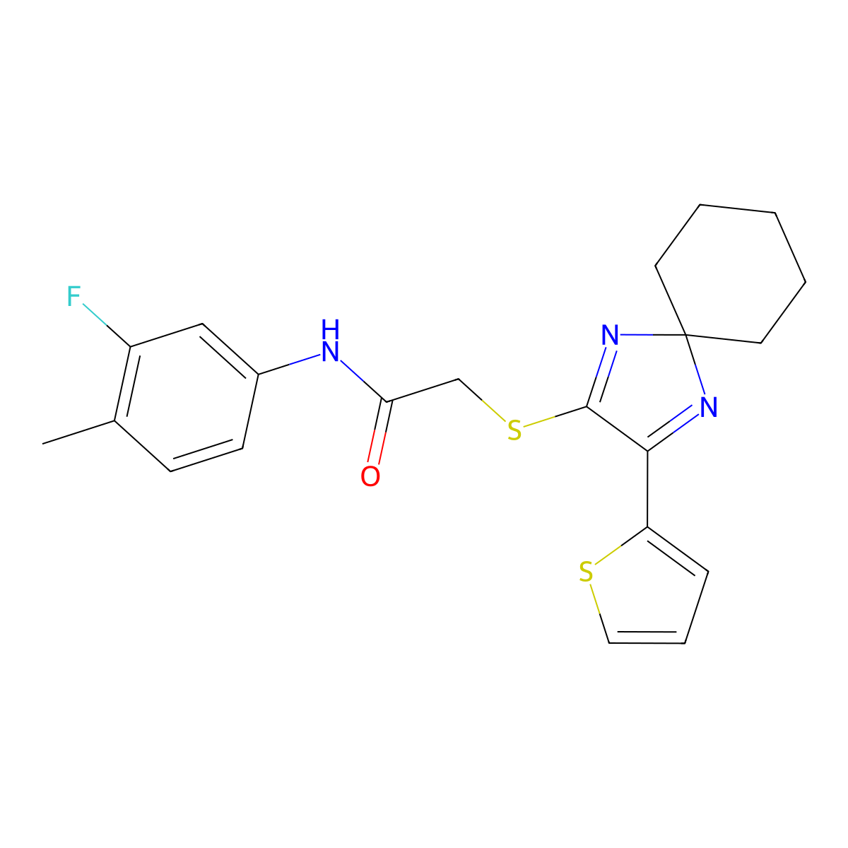 N-(3-fluoro-4-methylphenyl)-2-{[3-(thiophen-2-yl)-1,4-diazaspiro[4.5]deca-1,3-dien-2-yl]sulfanyl}acetamide molecular structure, CAS 1223970-88-4