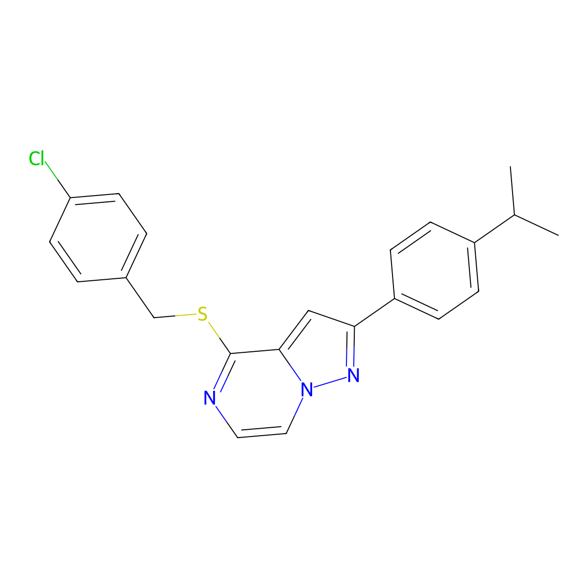 4-[(4-Chlorobenzyl)thio]-2-(4-isopropylphenyl)pyrazolo[1,5-a]pyrazine molecular structure, CAS 1223972-27-7