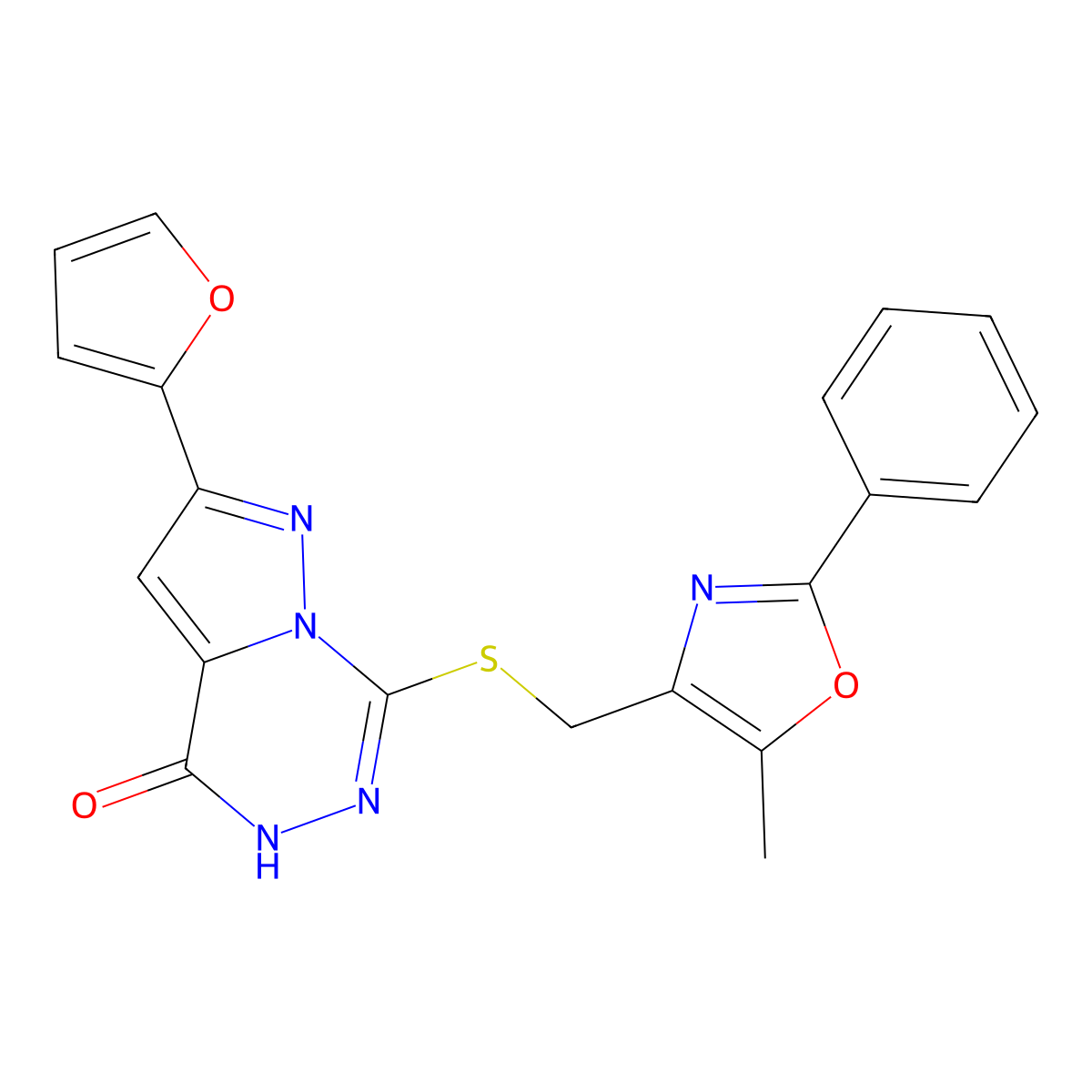 2-(furan-2-yl)-7-{[(5-methyl-2-phenyl-1,3-oxazol-4-yl)methyl]sulfanyl}-4H,5H-pyrazolo[1,5-d][1,2,4]triazin-4-one molecular structure, CAS 1223972-75-5
