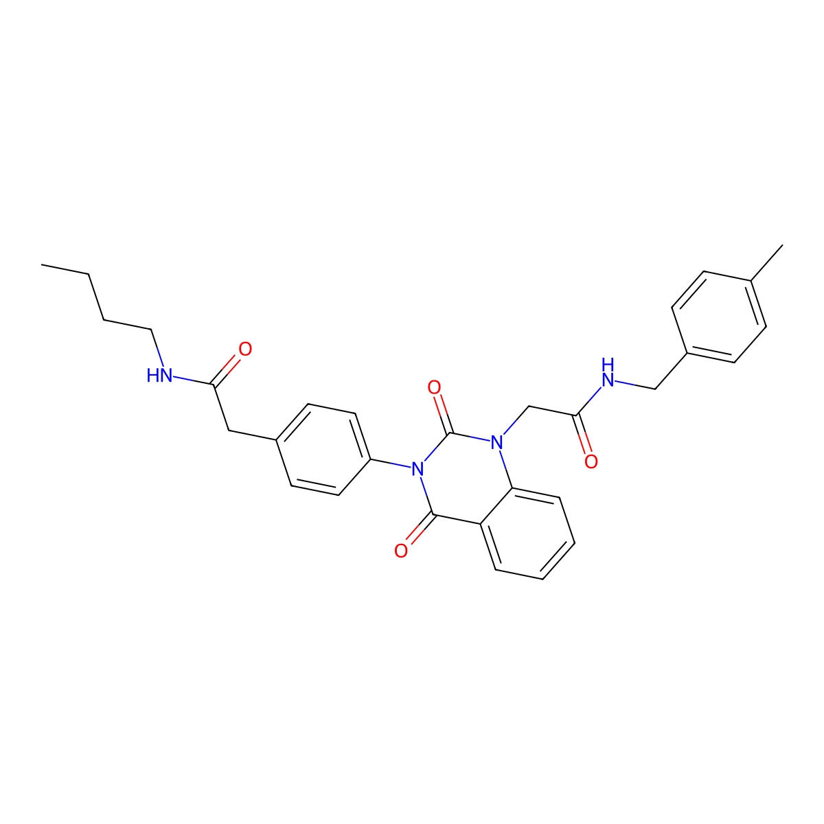 N-butyl-2-(4-(1-(2-((4-methylbenzyl)amino)-2-oxoethyl)-2,4-dioxo-1,2-dihydroquinazolin-3(4H)-yl)phenyl)acetamide molecular structure, CAS 1223974-35-3