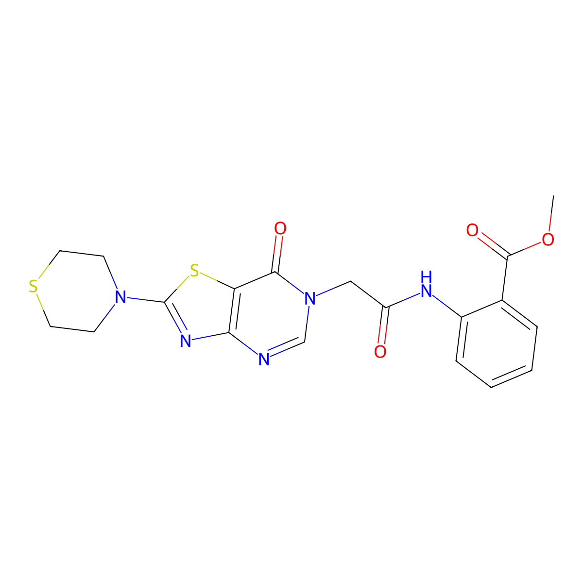 methyl 2-(2-(7-oxo-2-thiomorpholinothiazolo[4,5-d]pyrimidin-6(7H)-yl)acetamido)benzoate molecular structure, CAS 1223975-92-5