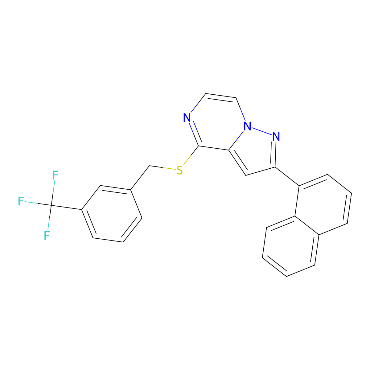 2-(1-Naphthyl)-4-{[3-(trifluoromethyl)benzyl]thio}pyrazolo[1,5-a]pyrazine molecular structure, CAS 1223976-94-0