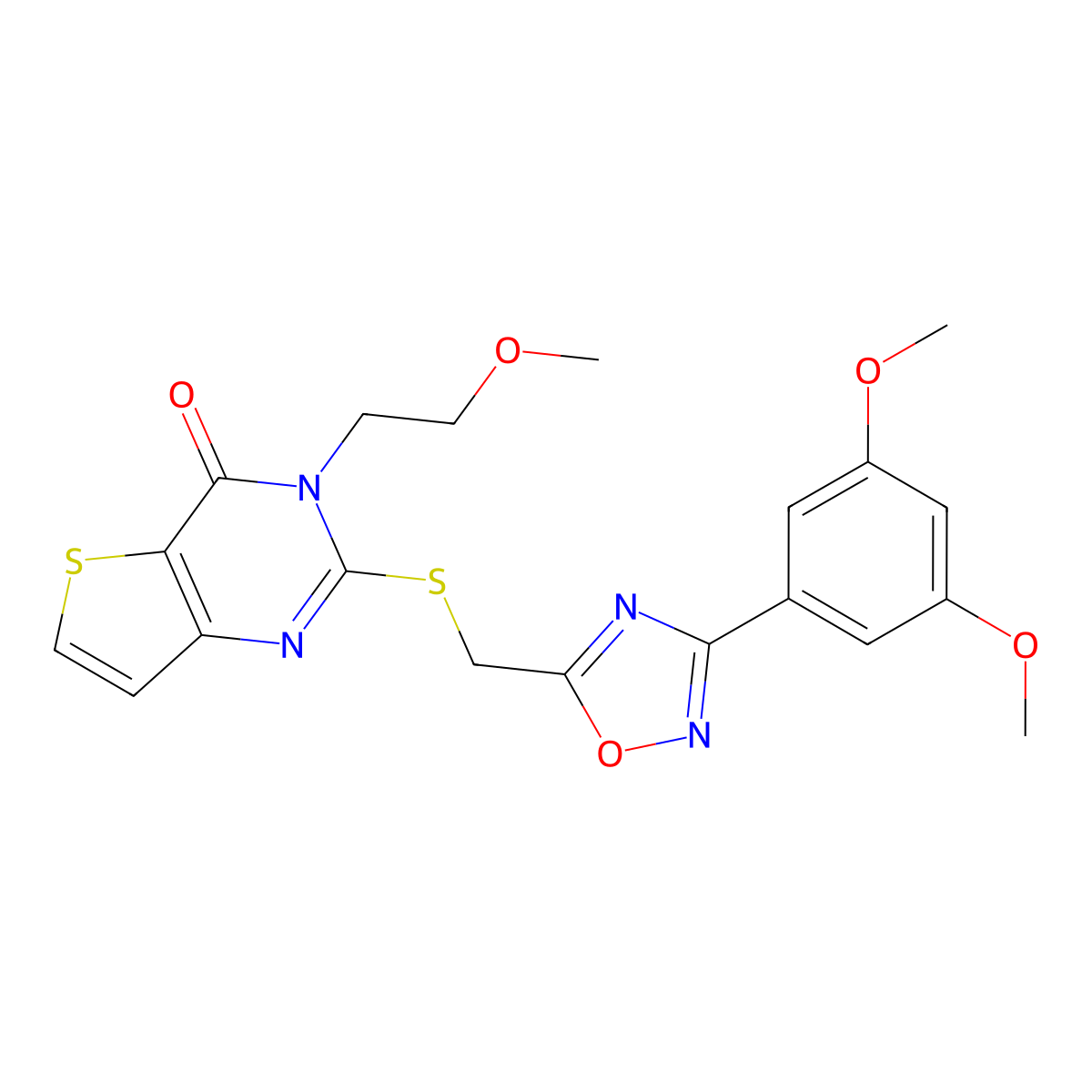 2-(((3-(3,5-dimethoxyphenyl)-1,2,4-oxadiazol-5-yl)methyl)thio)-3-(2-methoxyethyl)thieno[3,2-d]pyrimidin-4(3H)-one molecular structure, CAS 1223981-04-1