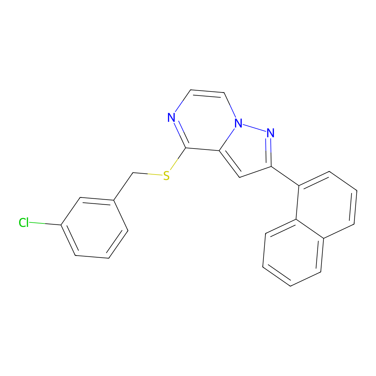 4-[(3-Chlorobenzyl)thio]-2-(1-naphthyl)pyrazolo[1,5-a]pyrazine molecular structure, CAS 1223981-48-3
