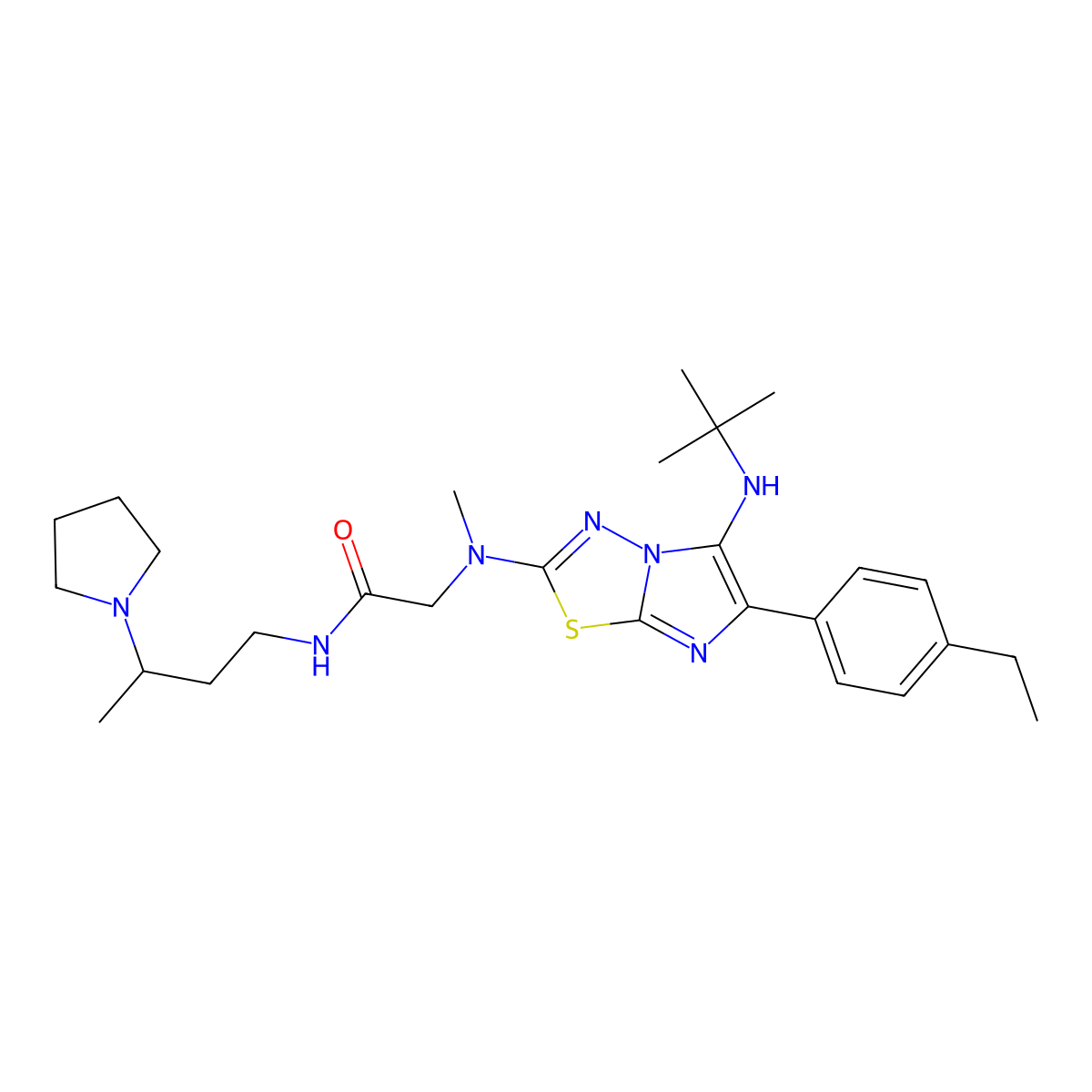 2-((5-(tert-Butylamino)-6-(4-Ethylphenyl)imidazo[2,1-b][1,3,4]thiadiazol-2-yl)(methyl)amino)-N-(3-(pyrrolidin-1-yl)butyl)acetamide molecular structure, CAS 1223981-71-2
