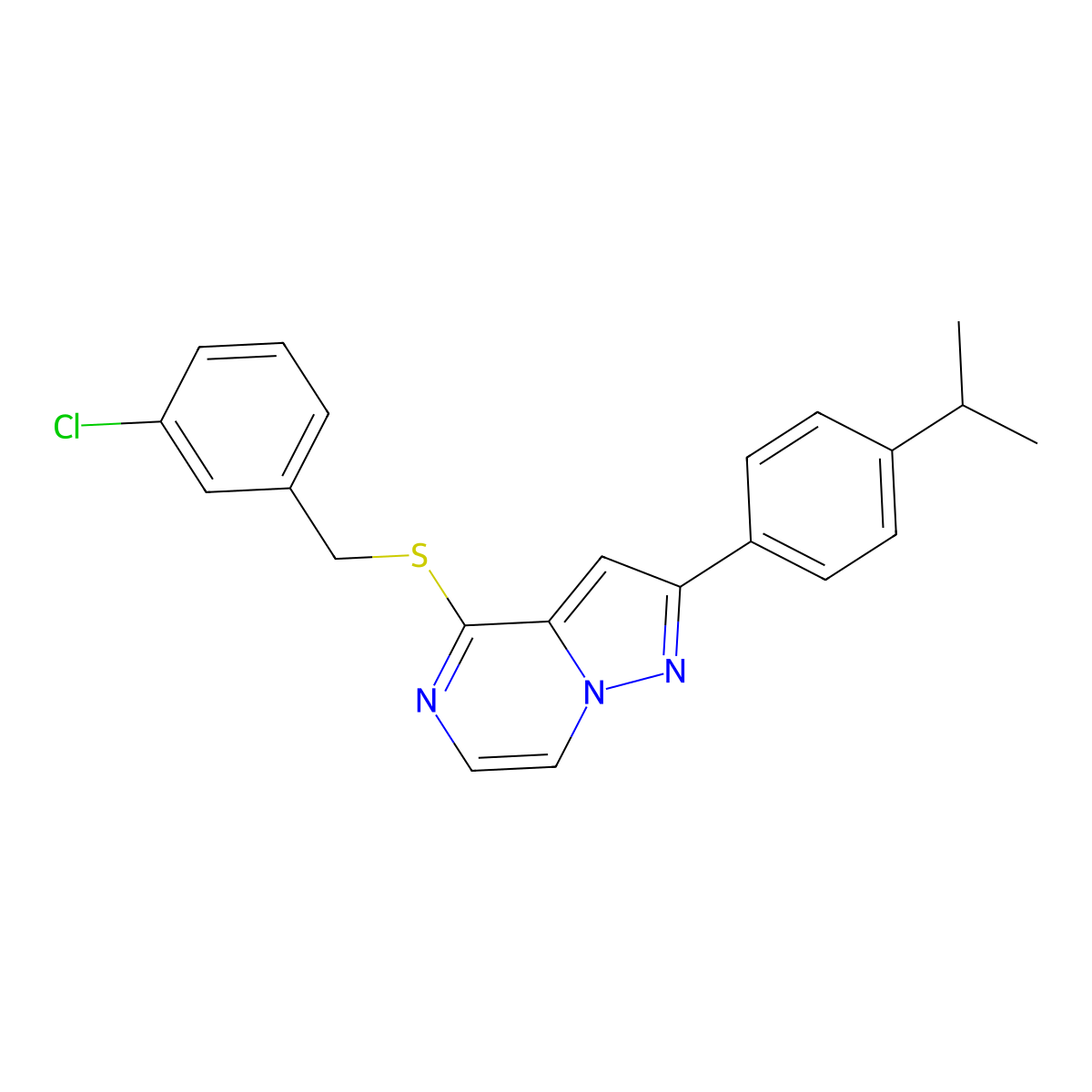 4-[(3-Chlorobenzyl)thio]-2-(4-isopropylphenyl)pyrazolo[1,5-a]pyrazine molecular structure, CAS 1223982-36-2
