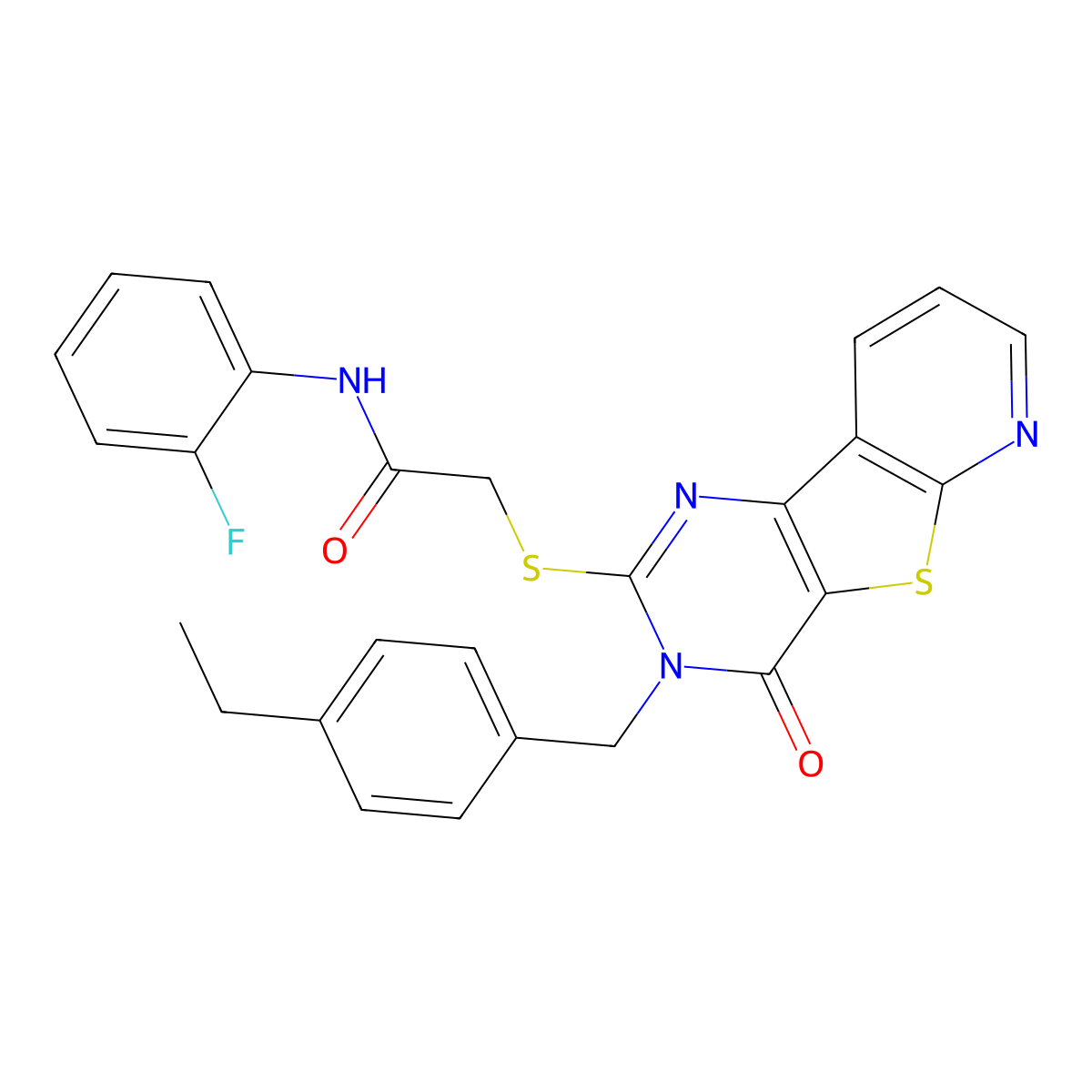 2-({5-[(4-ethylphenyl)methyl]-6-oxo-8-thia-3,5,10-triazatricyclo[7.4.0.0^{2,7}]trideca-1(9),2(7),3,10,12-pentaen-4-yl}sulfanyl)-N-(2-fluorophenyl)acetamide molecular structure, CAS 1223984-83-5